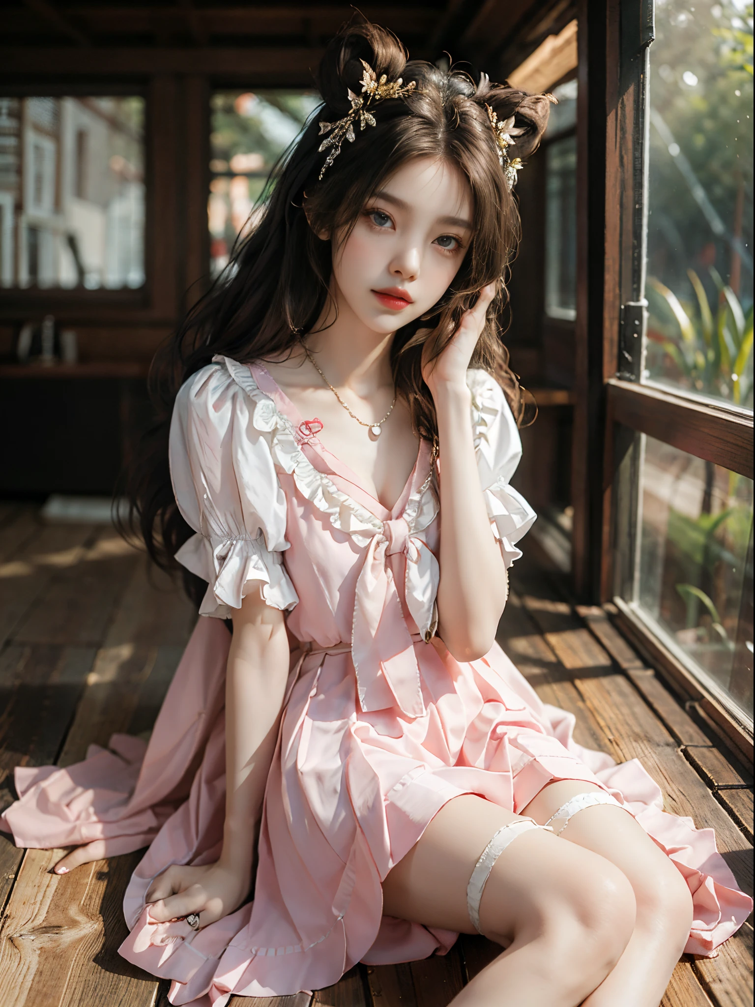 pleated skirt,pink skirt,pink sailor collar,fashi-girl, red lips, mature female, makeup, Big eyes, Pretty eyes, ((full body)), ((Random shooting angles)), (best quality, masterpiece:1.2), ultra-detailed, (realistic:1.37), beautiful, youthful, glamorous model with (detailed eyes, detailed lips, extremely detailed eyes), with white and floral colors, showcasing a radiant smile, creating a breathtaking depiction of a girl, Warm tones, extremely high color saturation, official art, extremely detailed CG unified 8k wallpaper,(High dynamic range :1.4), (cinematic),(soft colors, dull colors, soothing tones :1.3), (natural skin texture, ultra-realistic, soft light, sharp),(very detailed), Night, moonlight, In an antique pavilion, sit on a bench against the guardrail