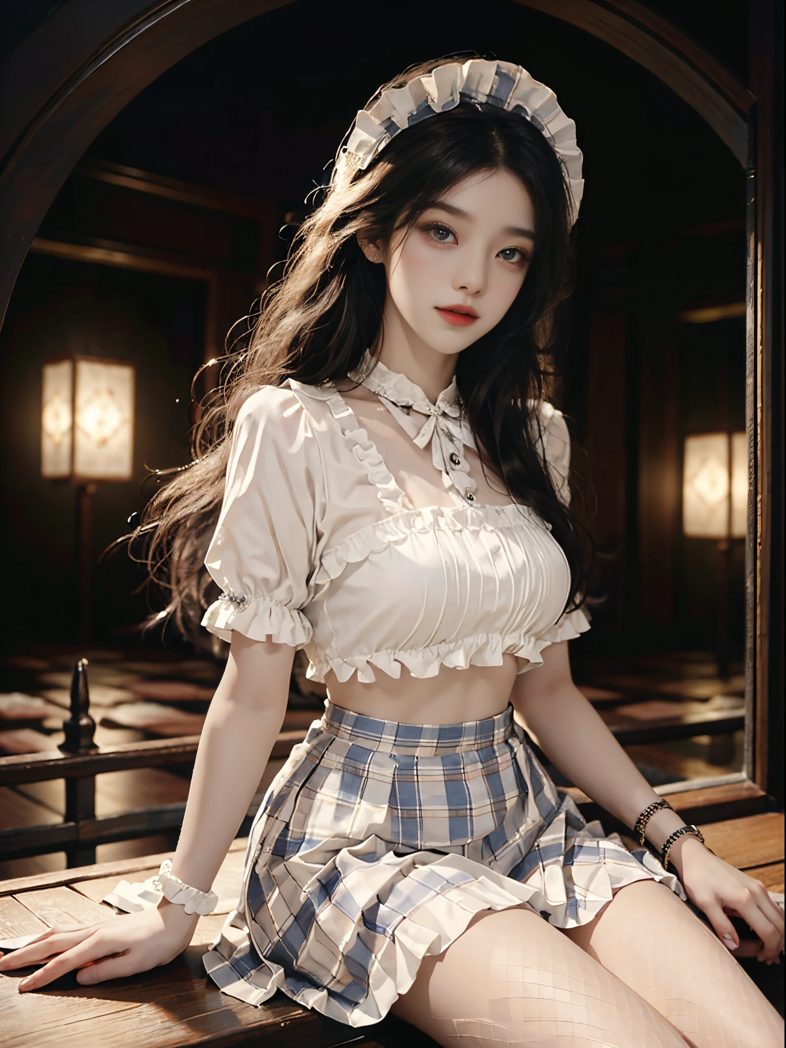 fishnets, apron,skirt,maid headdress,,fashi-girl, red lips, mature female, makeup, Big eyes, Pretty eyes, ((full body)), ((Random shooting angles)), (best quality, masterpiece:1.2), ultra-detailed, (realistic:1.37), beautiful, youthful, glamorous model with (detailed eyes, detailed lips, extremely detailed eyes), with white and floral colors, showcasing a radiant smile, creating a breathtaking depiction of a girl, Warm tones, extremely high color saturation, official art, extremely detailed CG unified 8k wallpaper,(High dynamic range :1.4), (cinematic),(soft colors, dull colors, soothing tones :1.3), (natural skin texture, ultra-realistic, soft light, sharp),(very detailed), Night, moonlight, In an antique pavilion, sit on a bench against the guardrail