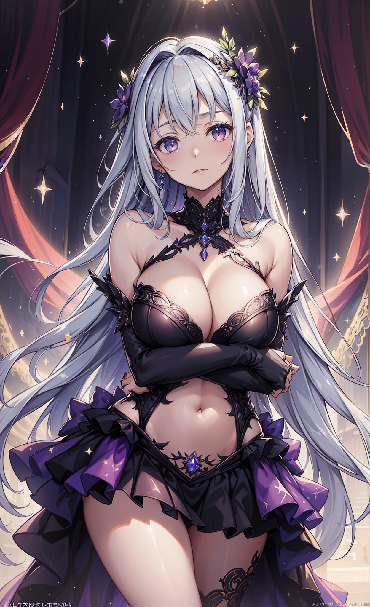 1 girl, (((ultra - detailed))), ((tmasterpiece)), ((illustration)), plum, starlights, Black gorgeous dress, Curvy woman, veils, sliver long hair, White skin of the, Sagged Eyes, Starry eyes like the night sky, Belly up, facing the front there,Lace,