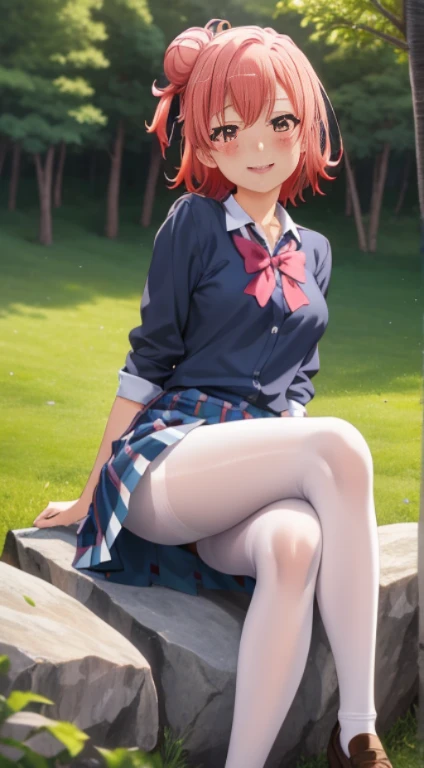 masutepiece, High quality, Best Quality, High resolution, 4K, High Definition, Beautiful lighting,1girl in, Short hair, Pink hair, Pink eyes, Yui, Hair bun, ((wide smile))、blushing、japanes、red blush, full pose, 2d, masterpiece, best quality, anime, full body, full pose, highly detailed, cowboy shot, 1girl, solo, blue eyelack short dresangs, medium breastlack pantyhose)), blushing, ((sitting on rock)),((school shoes)), ((crossed legs)), cowboy shot, looking at viewer, forest background,