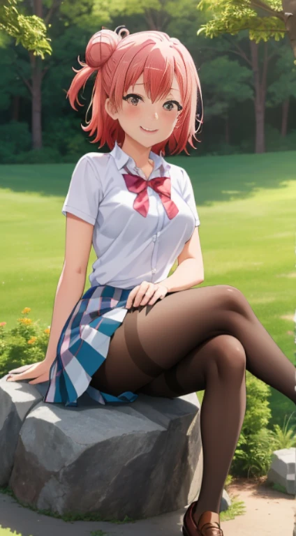 masutepiece, High quality, Best Quality, High resolution, 4K, High Definition, Beautiful lighting,1girl in, Short hair, Pink hair, Pink eyes, Yui, Hair bun, ((wide smile))、blushing、japanes、red blush, full pose, 2d, masterpiece, best quality, anime, full body, full pose, highly detailed, cowboy shot, 1girl, solo, blue eyelack short dresangs, medium breastlack pantyhose)), blushing, ((sitting on rock)),((school shoes)), ((crossed legs)), cowboy shot, looking at viewer, forest background,