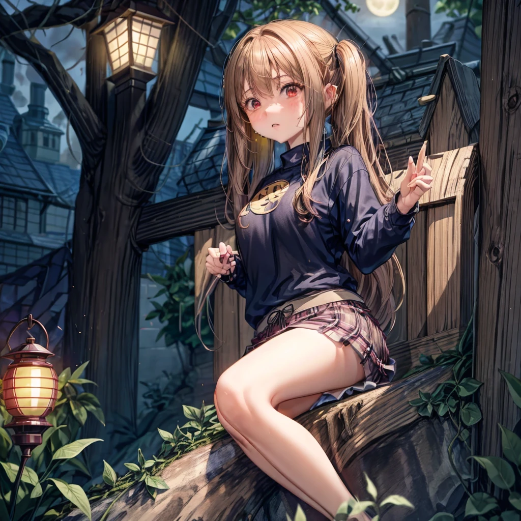 Red-blonde、poneyTail、red eyes、one good looking girl、独奏、animesque、lightly dressed、Plaid miniskirt、wetting hair、Sitting on a rock、Black T-shirt、rotting wood、fullmoon、monster castle、lantern、Flying sparks