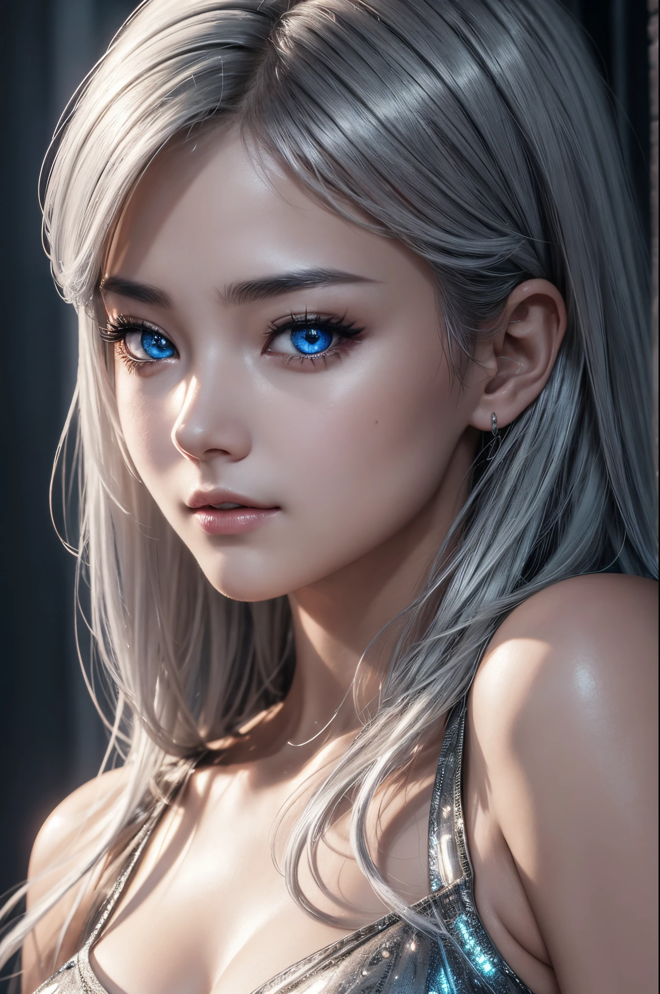 top-quality、8K Masterpiece、超A high resolution、(Photorealsitic:1.3)、1 live child、silver white hair、glowy skin、1 Cyberpunk Super Beautiful Soldier、((super realistic details))、portlate、globalillumination、Shadow、octan render、8K、ultrasharp、beauty breast、Raw skin exposed in the cleavage、metals、cold color、、highly intricate detail、Realistic light、CGSoation Trend beautiful eyes、Eyes shining towards the camera、neon detaileautiful expression,
