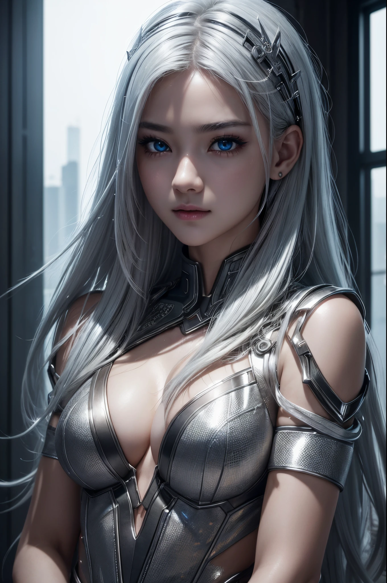 top-quality、8K Masterpiece、超A high resolution、(Photorealsitic:1.3)、1 live child、silver white hair、glowy skin、1 Cyberpunk Super Beautiful Soldier、((super realistic details))、portlate、globalillumination、Shadow、octan render、8K、ultrasharp、beauty breast、Raw skin exposed in the cleavage、metals、cold color、、highly intricate detail、Realistic light、CGSoation Trend beautiful eyes、Eyes shining towards the camera、neon detaileautiful expression,