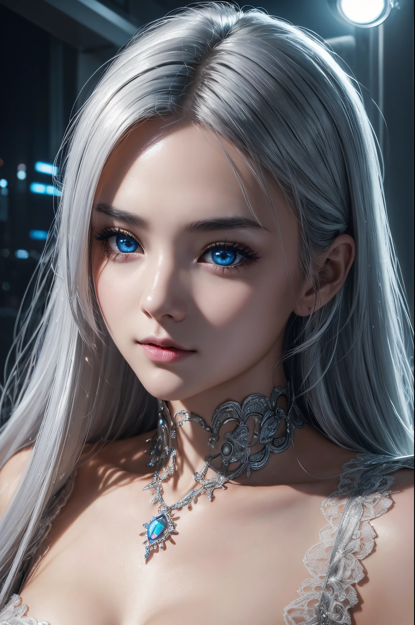 top-quality、8K Masterpiece、超A high resolution、(Photorealsitic:1.3)、1 live child、silver white hair、glowy skin、1 Cyberpunk Super Beautiful Soldier、((super realistic details))、portlate、globalillumination、Shadow、octan render、8K、ultrasharp、beauty breast、Raw skin exposed in the cleavage、metals、cold color、、highly intricate detail、Realistic light、CGSoation Trend beautiful eyes、Eyes shining towards the camera、neon detaileautiful expression,