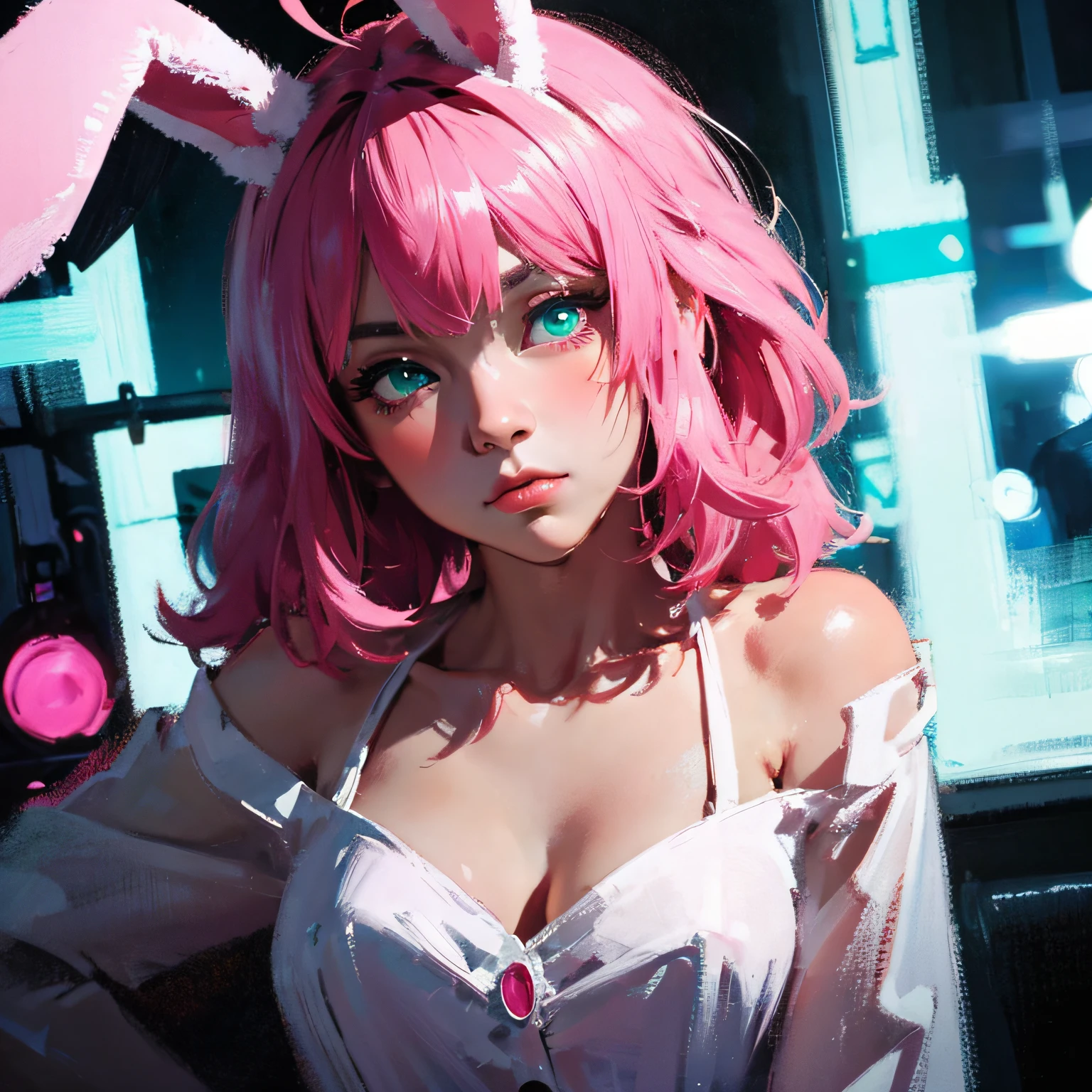 green eyes, pink hair, ahoge, colored inner hair, aqua eyes, glowing eyes, rabbit ears, blush, unconscious, glint, chiaroscuro, depth of field, cinematic lighting, motion blur, glowing light, Futurism, anatomically correct, high quality, best quality, super detail