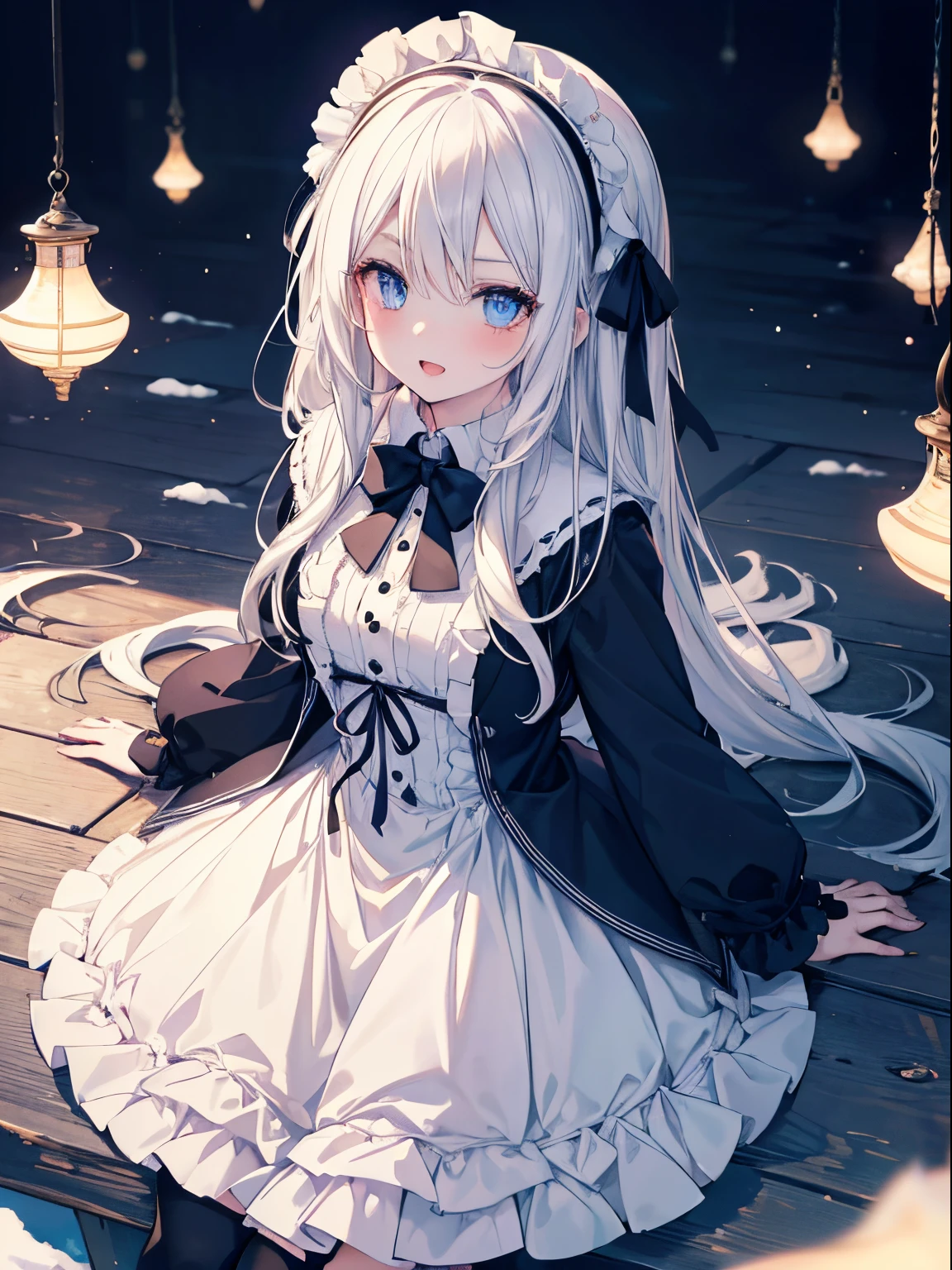 masutepiece, Highest Quality, (Perfect face:1.1), (high detailing:1.1), (ultradetailed eyes), Dramatic, superfine illustration, Extremely detailed, 1girl in, (pale skin), long white hair, Ethereal eyes, Blue eyes,tareme, (light eyebrow),blush,Solo,Smile, Happy, Laugh, Enjoy, Open mouth, Pouty lips,Cinematic lighting, Looking at Viewer,Cowboy Shot,Winters,Snow,Long sleeve, Gothic ta, frilld, bow ribbon,Head dress, knee high socks,Room,From above