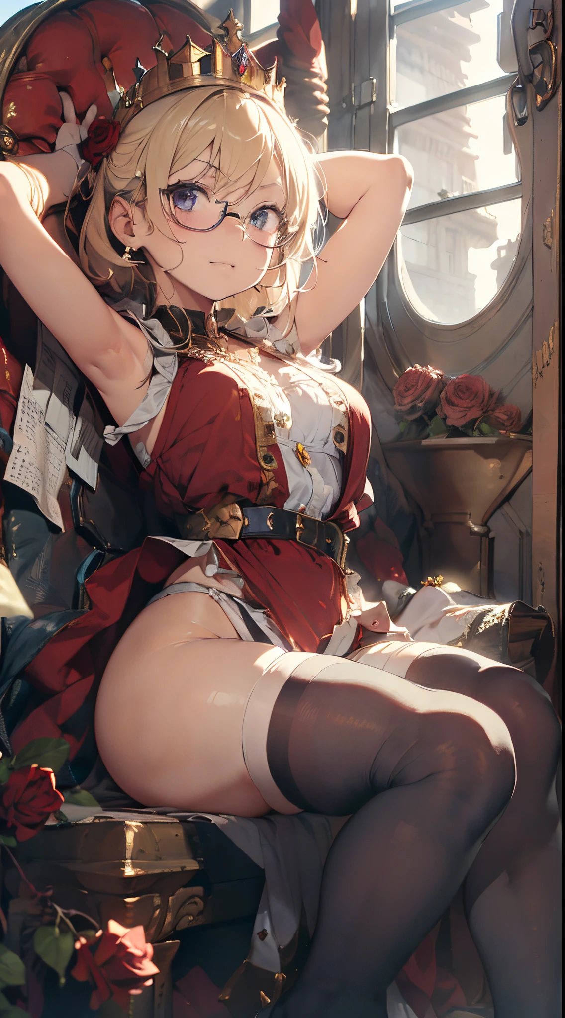 (The highest image quality, master piece:1.2), (Ultra Definition Illustration), (NSFW), (very cute princess:1.3), (1 girl:1.2), Solo, (shoot from very below:1.3) ,(condescending look:1.3) NSFW, sleeveless, armpits, arms behind head, embarrassed, closed eyes, (sleeveless gorgeous queen red dress with roses:1.3), sitting on the throne chair, queen crown, showing dirty panties, Full body, Round baby face, (Glasses, Blonde Short-Cut Hair), (white thigh high pantyhose:1.2), (Evil smile, mean face, Mesugaki smile),  Luxurious palace rooms, Fancy Room, RPG Royale, (widely spread leg) beautiful legs,