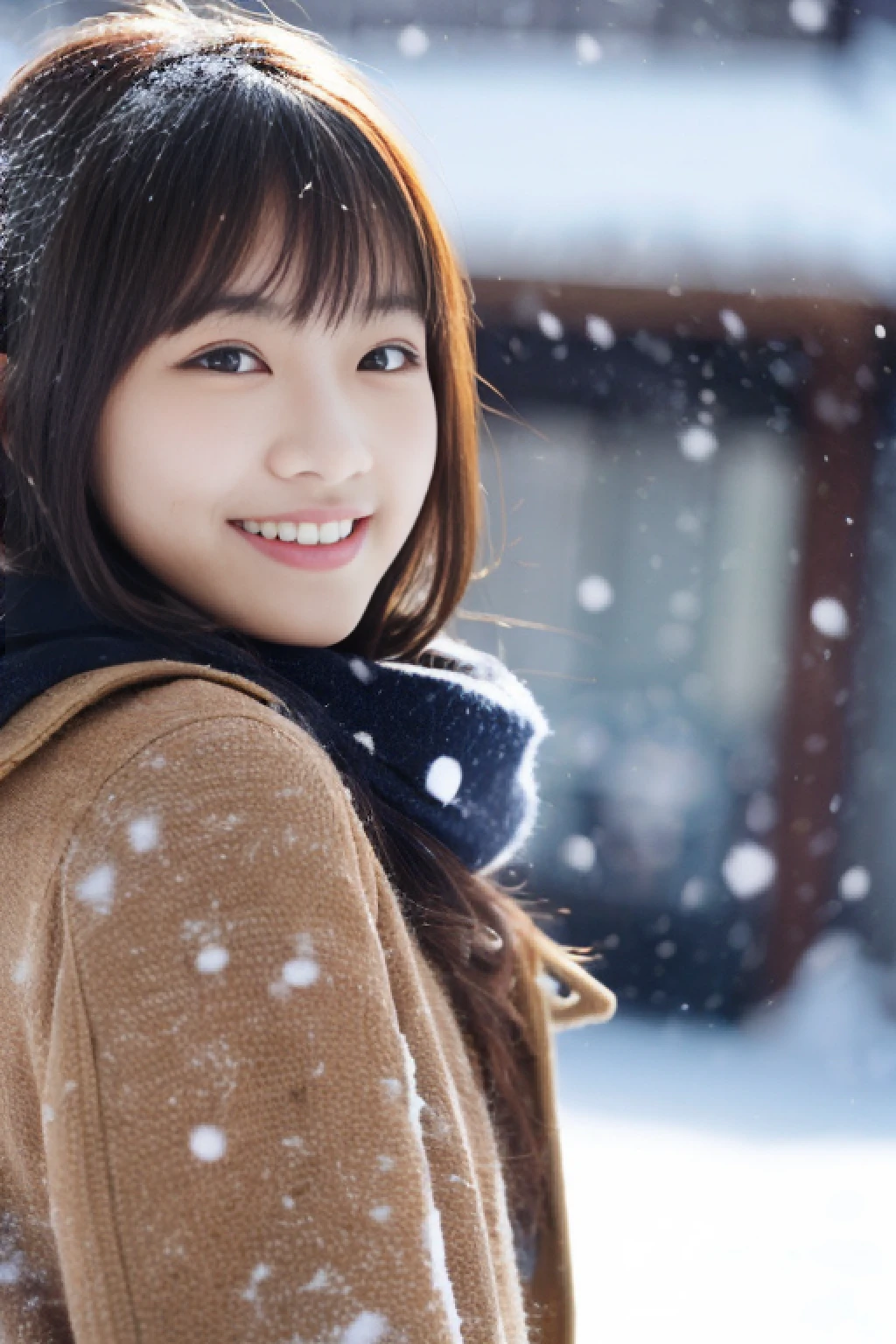 ((no-makeup))、(realisitic、Photorealsitic、ultra-detailliert、Highest Details Skins、top-quality、masterpiece、超A high resolution)、Cute Japan Woman、sixteen years old、hi-school girl、younggirl、1 girl in、I have bangs、二重まぶた、drooing eyes、Large black eyes、Charming、purity、Cute smile、Natural smile、View here、Realistic skin type、Thick muffler、fluffy hair、((hair in scarf))、Red cheeks、The wind is blowing、It's snowing、illuminations、Lighting from behind、Medium Bob Cut