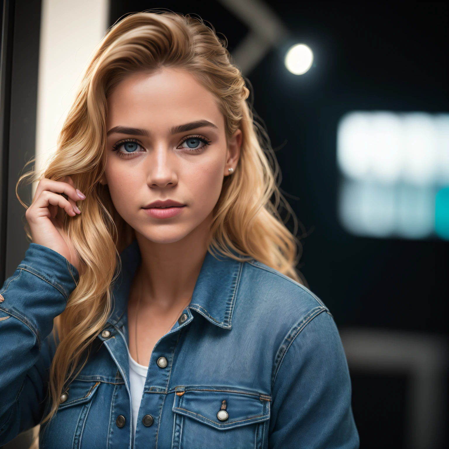 Full face portrait photo of 23-year-old German girl, ...RAW, mulher bonita, strawberry lip, clear green eyes, olhos azuis, - Light Norwegian hair, wistful expression, (cabelos claros com cachos extra longos), ((rosto detalhado)), ((detailed facial features)), (pele fina detalhada), pale skinned, ambiente de megacidade cyberpunk, (cor fria), humid, humid, reflexo, (masterpieceShot com Canon EOS R5 (detalhe) (Fotos realistas) (detalhes detalhados) mola a 50mm | |, F/2.8, HDR, (8k) (papel de parede) (cinematic lighthing) (lighting dramatic) (foco nítido) (complexo), fotografia ...RAW, fotografia ...RAW, fotografia gigachade, camera pose, jeans preto, back arm, 8k UHD, DSLR, de alta qualidade, grain movie, Fujifilm XT3, Film Stock Photo 4 Kodak Portra 400 Camera F1.6 Lens Rich Colors Ultra-realistic Textures Dramatic Lighting Trends of the Unreal Engine Art Station Cinestill 800 Tungsten, Estilo Toughboy, Rosto Ultra Focus, Intimidante, fighting position, messy long hair, Muscles, veias estourando, Contas, Cinematic Granulagem, (grain of film: 1.23), alto contraste, (cinemactic, azul-marinho e laranja: 0.85)