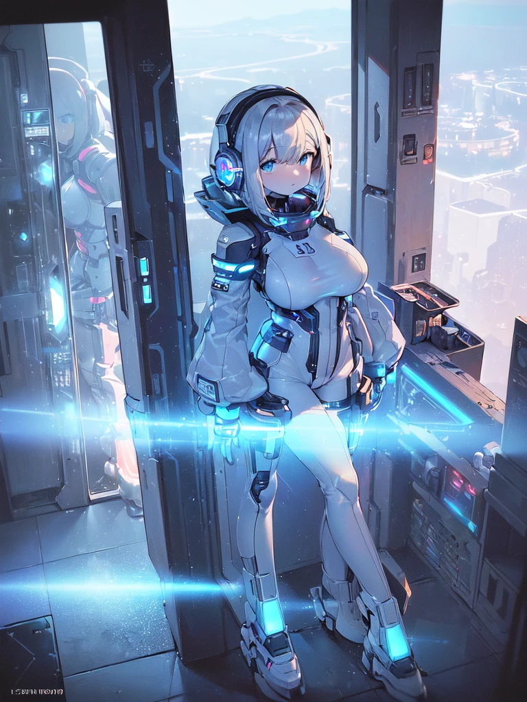 ​masterpiece:1.4, 1girl in ((20yr old, Wearing a futuristic white and silver costume, Tight Fit Bodysuit, long boots, Very gigantic-breasts, Multicolored blonde hair, a short bob, Perfect model body, Blue eyes:1.2, Wearing headphones, Looking out the window of the futuristic sci-fi space station、While admiring the beautiful galaxy:1.2, SFSF control room on night background:1.1, Neon and energetic atmosphere:1.2)) ((Galaxy))