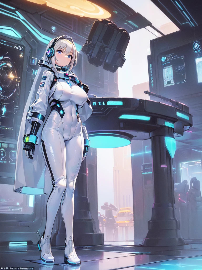 masterpiece:1.4, 1girl in ((20yr old, Wearing a futuristic white and silver costume, Tight Fit Bodysuit, long boots, Very gigantic-breasts, Multicolored blonde hair, a short bob, Perfect model body, Blue eyes:1.2, Wearing headphones, Looking out the window of the futuristic sci-fi space station、While admiring the beautiful galaxy:1.2, SFSF control room on night background:1.1, Neon and energetic atmosphere:1.2)) ((Galaxy))