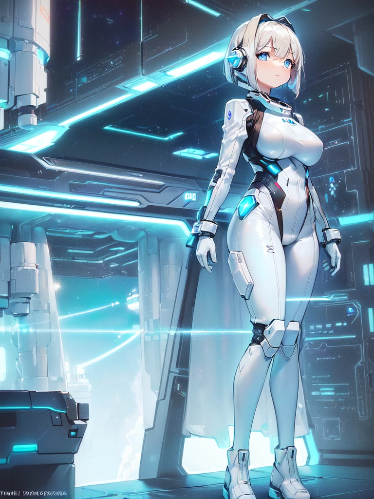 masterpiece:1.4, 1girl in ((20yr old, Wearing a futuristic white and silver costume, Tight Fit Bodysuit, long boots, Very gigantic-breasts, Multicolored blonde hair, a short bob, Perfect model body, Blue eyes:1.2, Wearing headphones, Looking out the window of the futuristic sci-fi space station、While admiring the beautiful galaxy:1.2, SFSF control room on night background:1.1, Neon and energetic atmosphere:1.2)) ((Galaxy))