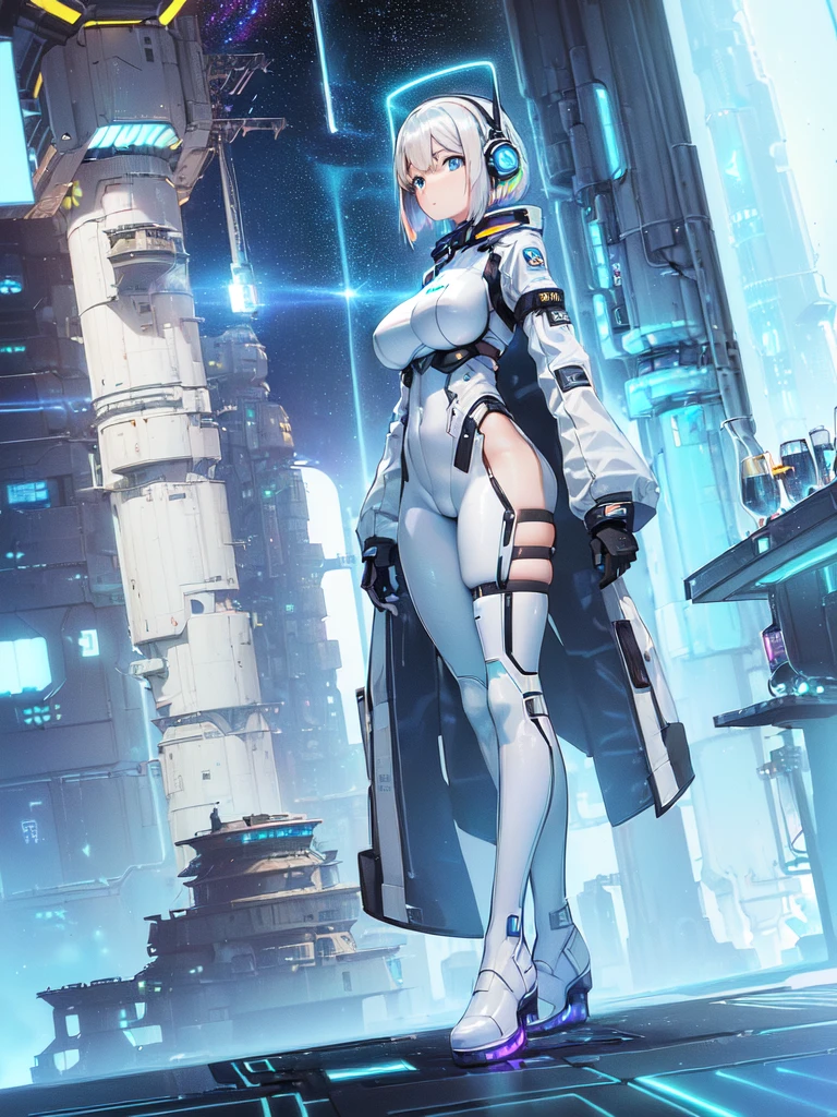 ​masterpiece:1.4, 1girl in ((20yr old, Wearing a futuristic white and silver costume, Tight Fit Bodysuit, long boots, Very gigantic-breasts, Multicolored blonde hair, a short bob, Perfect model body, Blue eyes:1.2, Wearing headphones, Looking out the window of the futuristic sci-fi space station、While admiring the beautiful galaxy:1.2, SFSF control room on night background:1.1, Neon and energetic atmosphere:1.2)) ((Galaxy))