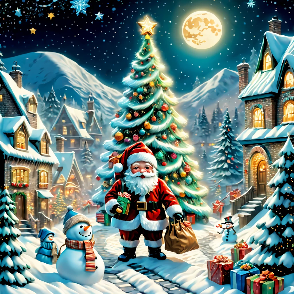 (tmasterpiece),(ultra - detailed: 1.3),Best quality,glittery,Fantasy Christmas World,(Christmas in the style of Van Gogh: 1.5), themoon,(Snowy night in Christmas town),((Cute Santa Claus holding list and bag of gifts, Stand on the roof,Trying to climb into the chimney)),robin standing on head,((Christmas tree,Confectionery,Cane sugar,Christmas gifts, Christmas snowman)), and decorations, Cute design style, natta,Skysky,moon full,Shown in this beautiful scene, vibrant with colors,1.4x more realism,hyper HD,(very detailed nipples,Reasonable design,Clear lines,High- sharpness,tmasterpiece,offcial art,movie light effect,8K, Ultra-high saturation,Super high natural saturation)