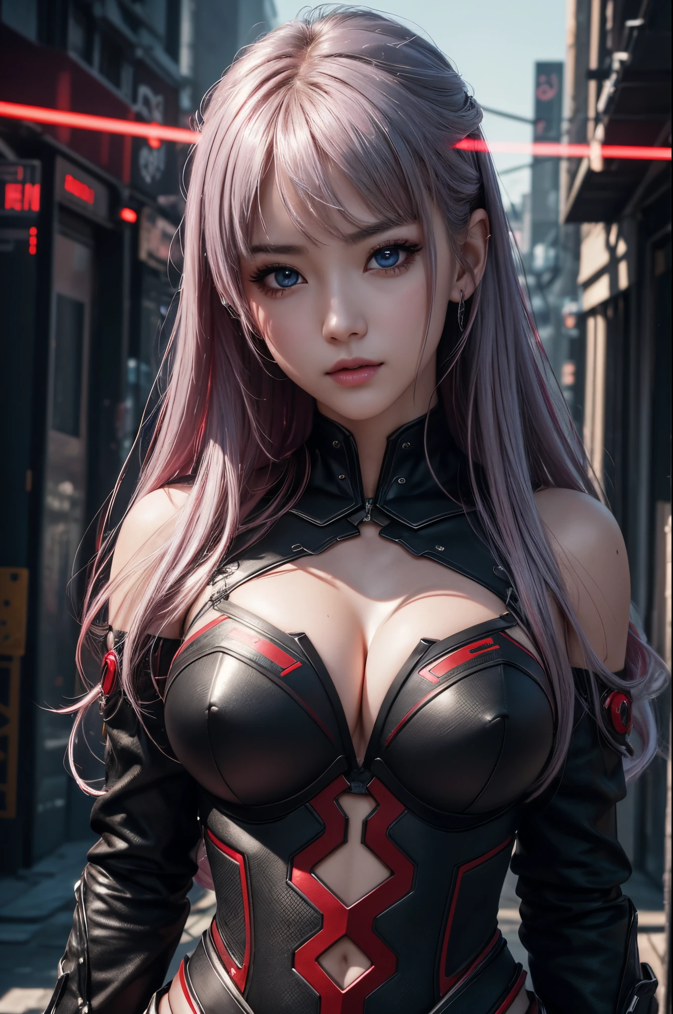 top-quality、8K Masterpiece、超A high resolution、(Photorealsitic:1.3)、1 live 、red silver hair、glowy skin、1 Cyberpunk big breasted super beautiful soldier、((super realistic details))、portlate、globalillumination、Shadow、octan render、8K、ultrasharp、beauty breast、Raw skin exposed in the cleavage、metals、cold color、、highly intricate detail、Realistic light、CGSoation Trend beautiful eyes、Eyes shining towards the camera、neon detaileautiful expression,red and black sexy costume,