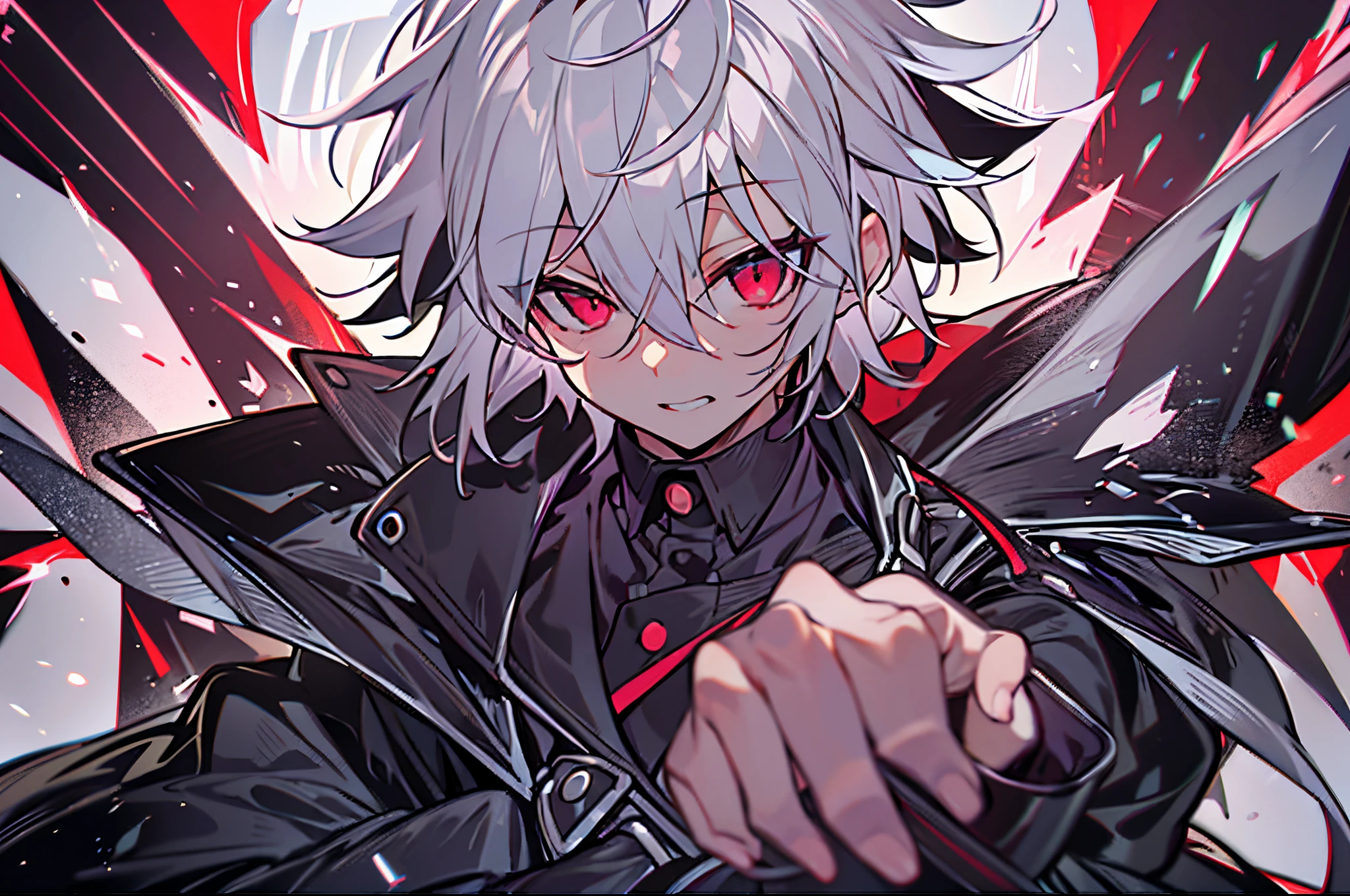 hight resolution,close range、Anime boy with white hair and red eyes staring at camera, red eyes,slim, dressed in a black outfit,Shadow Body,colorful backdrop,hair messy,Diagonal angle、