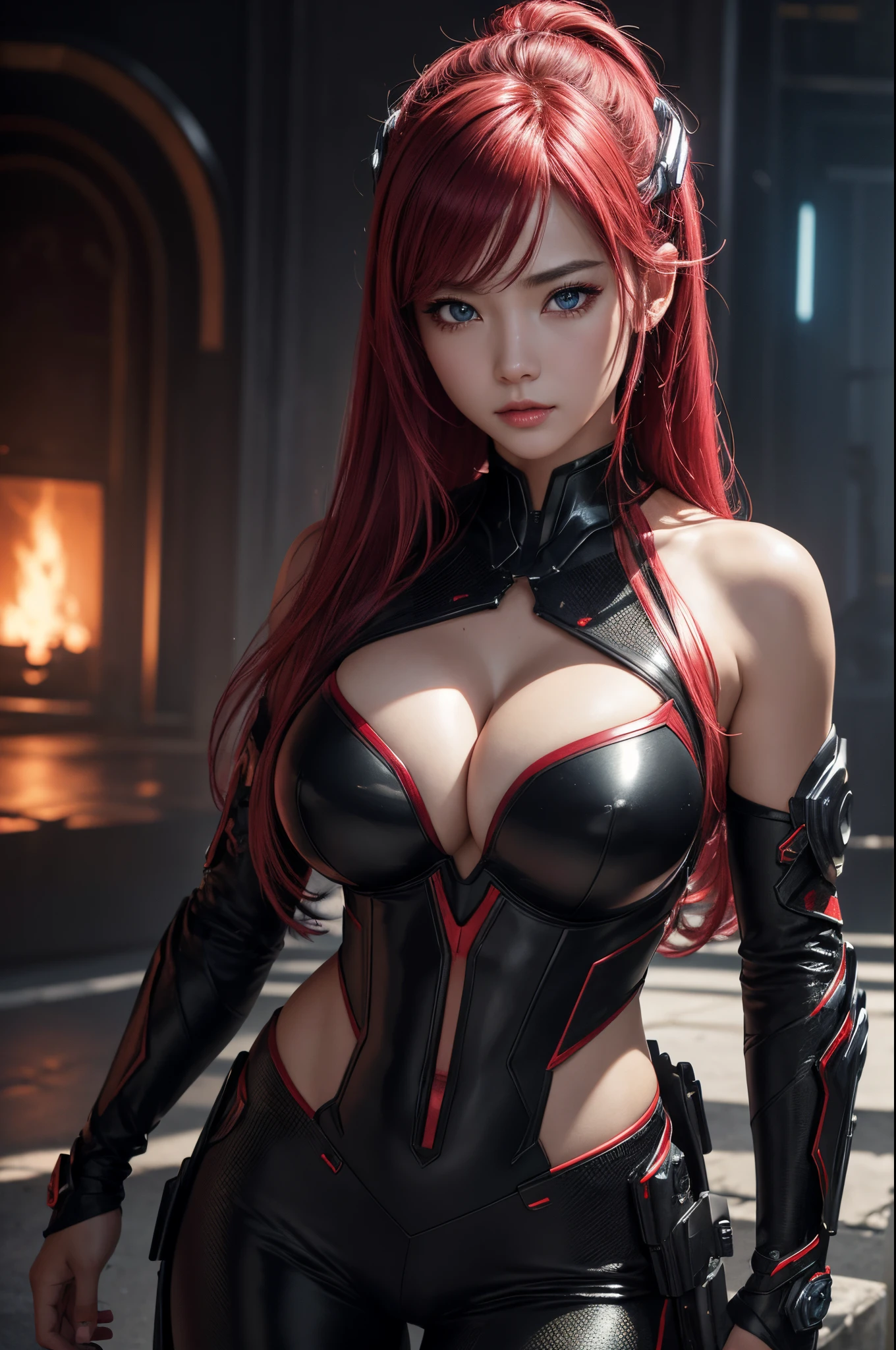 top-quality、8K Masterpiece、超A high resolution、(Photorealsitic:1.3)、1 live 、red silver hair、glowy skin、1 Cyberpunk big breasted super beautiful soldier、((super realistic details))、portlate、globalillumination、Shadow、octan render、8K、ultrasharp、beauty breast、Raw skin exposed in the cleavage、metals、cold color、、highly intricate detail、Realistic light、CGSoation Trend beautiful eyes、Eyes shining towards the camera、neon detaileautiful expression,red and black sexy costume,