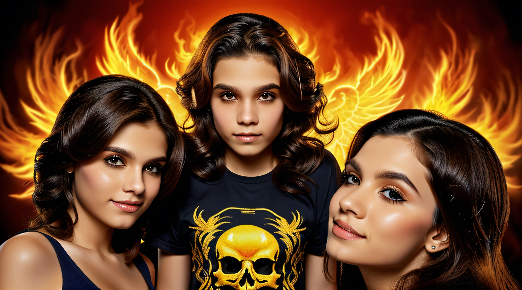 A half-body, portrait of 3 girls German children long dark hair of 12 years, red leather jackets, holding in their hands a cross, background of chains, chain, more chains, many chains, , red, red fire, many background flames.