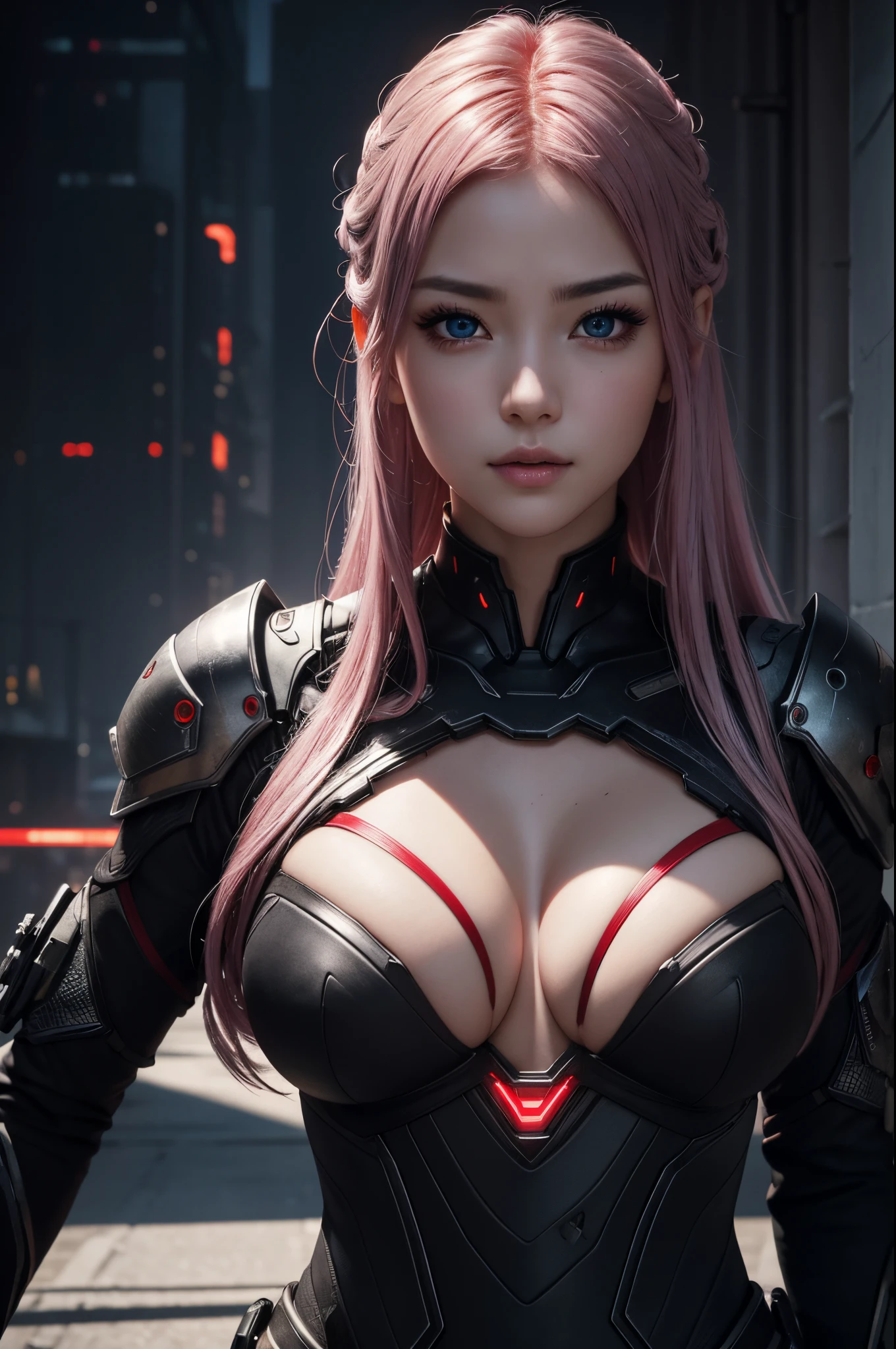 top-quality、8K Masterpiece、超A high resolution、(Photorealsitic:1.3)、1 live child、red silver hair、glowy skin、1 Cyberpunk big breasted super beautiful soldier、((super realistic details))、portlate、globalillumination、Shadow、octan render、8K、ultrasharp、beauty breast、Raw skin exposed in the cleavage、metals、cold color、、highly intricate detail、Realistic light、CGSoation Trend beautiful eyes、Eyes shining towards the camera、neon detaileautiful expression,red and black sexy costume,
