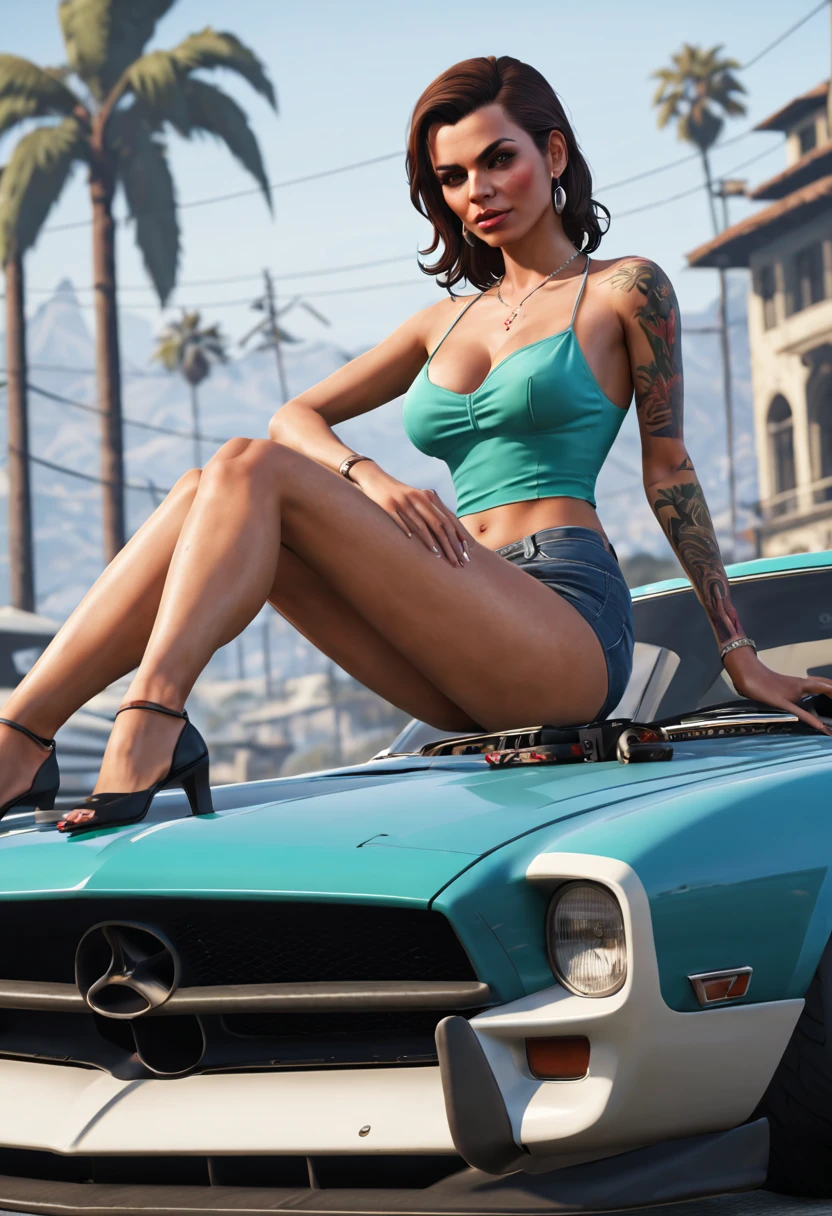 a GTA5 gangster LAdy sitting on the hood of a racing car,