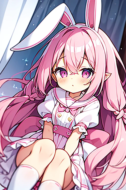Dreamy shiny pink braids,Long white rabbit ears,Pink sailor suit,White socks,White loose antique clothing,The eyes are pink,It's a cute girl