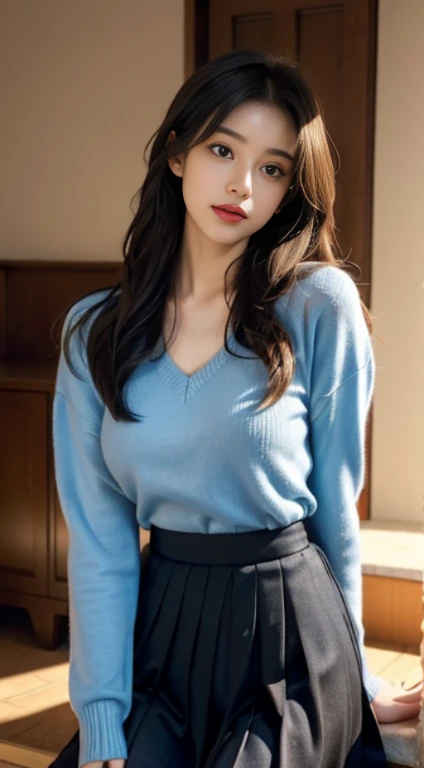 Best quality, tmasterpiece, A high resolution,8K,(realistically:1.4),超A high resolution,1个Giant Breast Girl, ultra - detailed, hyper realisitc, Very detailed CG illustration, offcial art, 电影灯光, actual, Young and beautiful girl,Delicate face,Clear facial features, perfect body figure, perfect body figure, full pov, perfect bodies, (Starting below:1.3), lacivious pose, long sexy legs, knitwear,Self-confident, Beautiful Sexy, student school uniform,a blue tie,Bow knot, A-line pleated long skirt,Kurfo, S-shaped body, hip cocked,placed in a,lewd poses,Different Perspectives,The man looked at her