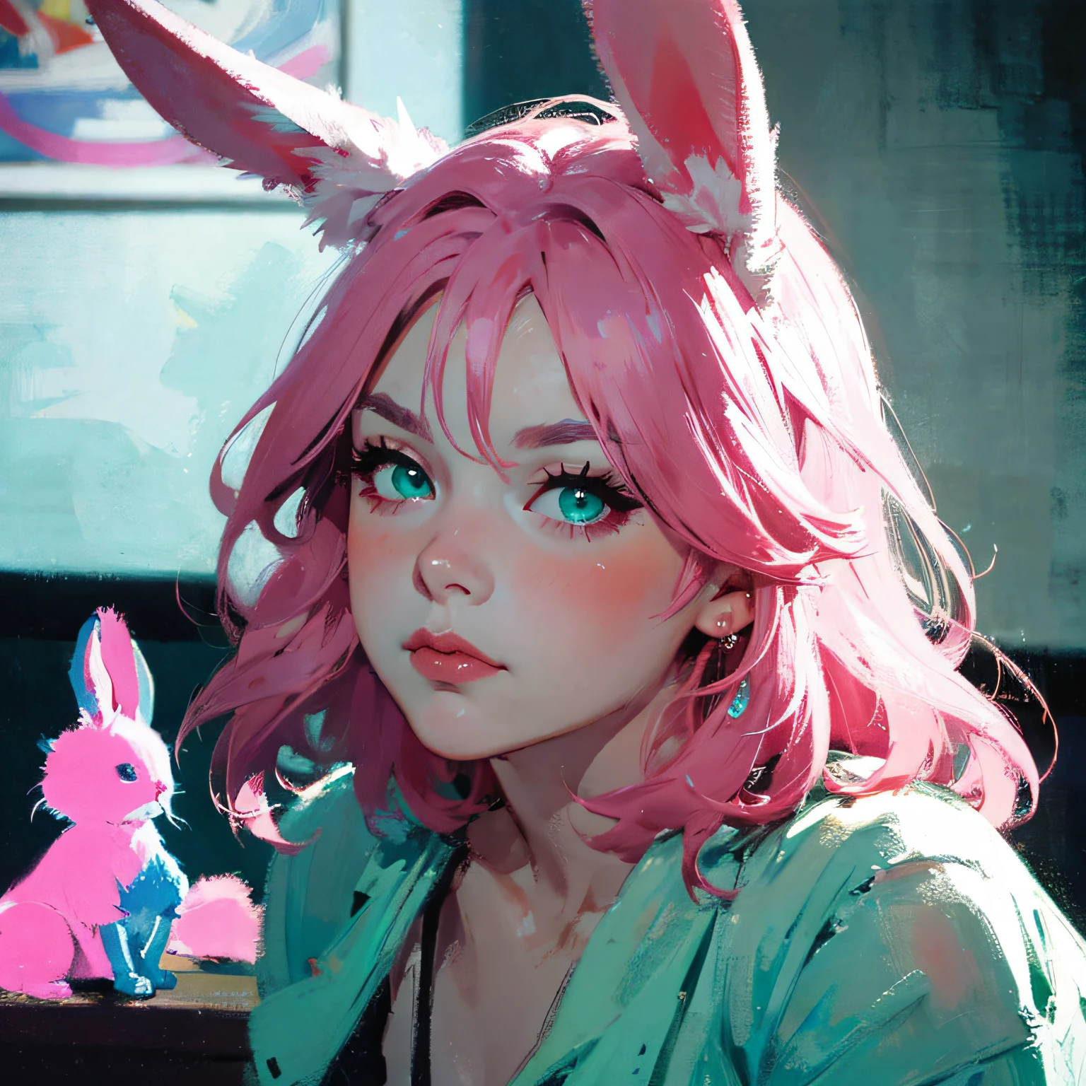 green eyes, pink hair, ahoge, colored inner hair, aqua eyes, glowing eyes, rabbit ears, blush, unconscious, glint, chiaroscuro, depth of field, cinematic lighting, motion blur, glowing light, Futurism, anatomically correct, high quality, best quality, super detail