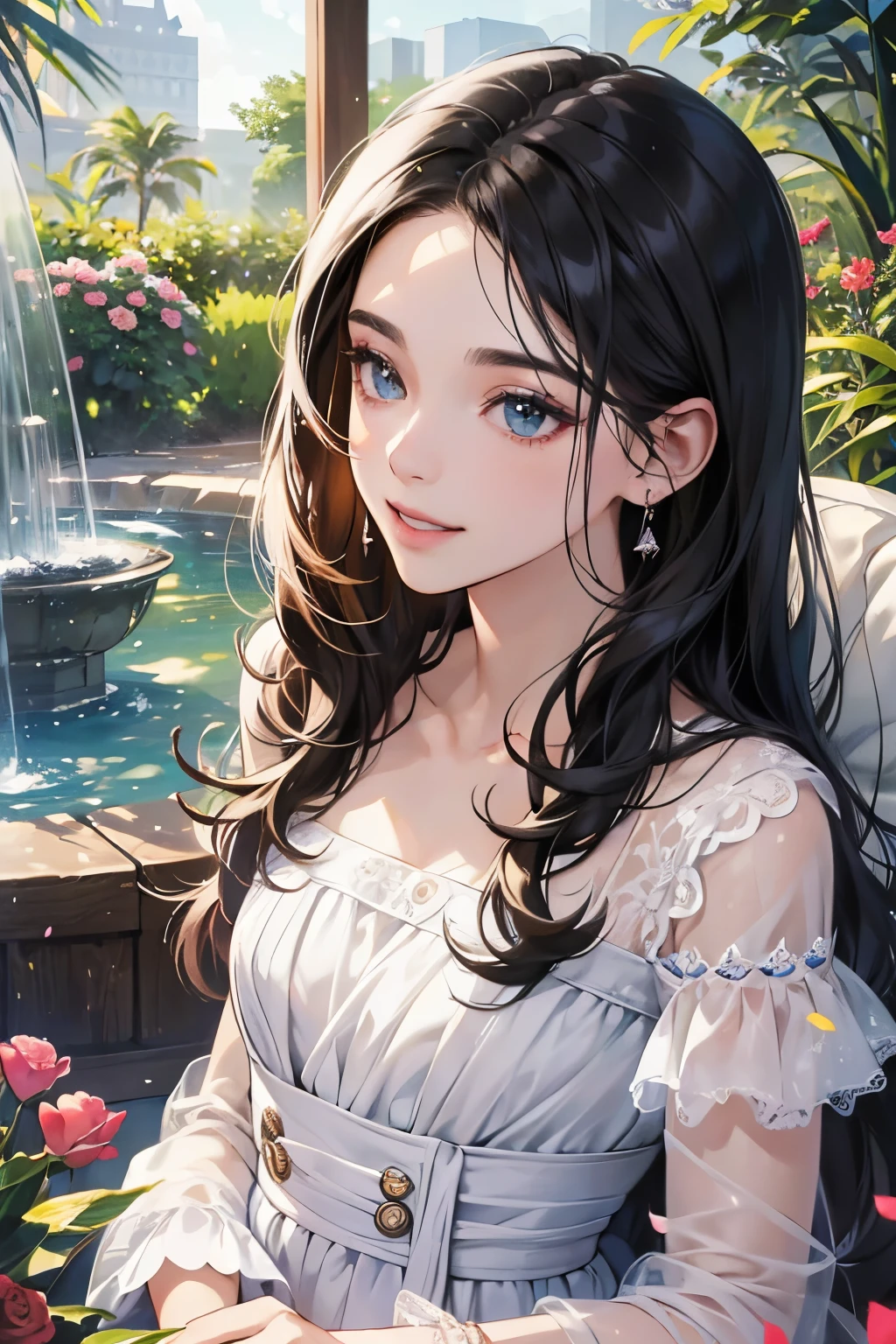 (masutepiece, Digital Art, Digital Illustration, 4K, 8K, Ultra-detailed, beautiful image, Sharp Image, Photorealistic, Raw photo, Perfect face, Perfect lines, Perfect eyes, Soft lighting) ,1 woman, (Long Black Hair,straight haired,Bullish gaze,Beautie,ellegance,Solid makeup,23 y-o woman,small tits:1.3),Two handsome men in suits, (ember,well-muscled,Firm shoulder width, Man's,Boyish hairstyle,English gentlemanly style,Man in his 30s with a cool expression,28-year-old man with bright smile:1.2),Show white teeth and smile(embarrassed from,Shy smile:1.1),A garden full of light、The fountain、Resort Sofa、colorful flower、innocent smiles,Laugh、couple kissing、kiss、the kiss、Romance、Mermaid Line Wedding Dresses、Bouquet of roses、