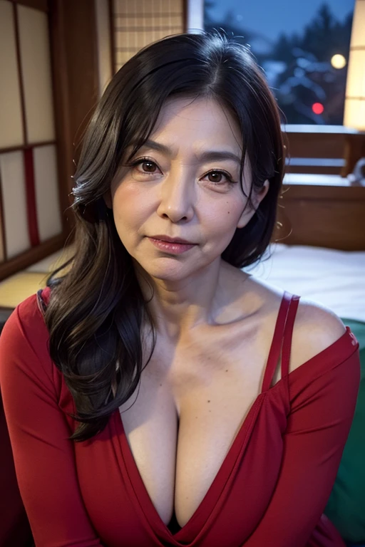 59 years old,(A MILF:1.2), a captivating gaze,long old black hair,Brown eyes, (A lot of wrinkles on her face:1.4), (There are many wrinkles on her chest1.4),Old Woman, Detailed wrinkles (8K, High resolution,ultra-quality, An ultra-high picture quality,Ultrarealistic,Best Quality,masuter piece:1.2)(breasts are large,Large cleavage:1.1) ,(Old Woman in Japan) ,Christmas、Christmas tree、Santa Claus Costume,eyes visible through hair, Proper eye position,Cinematic Light,Soft light,lower back,Night time,Soft moonlight,detailed color graded background,Convoluted, ighly detailed,8K,Overall silhouette,Bedrooms,