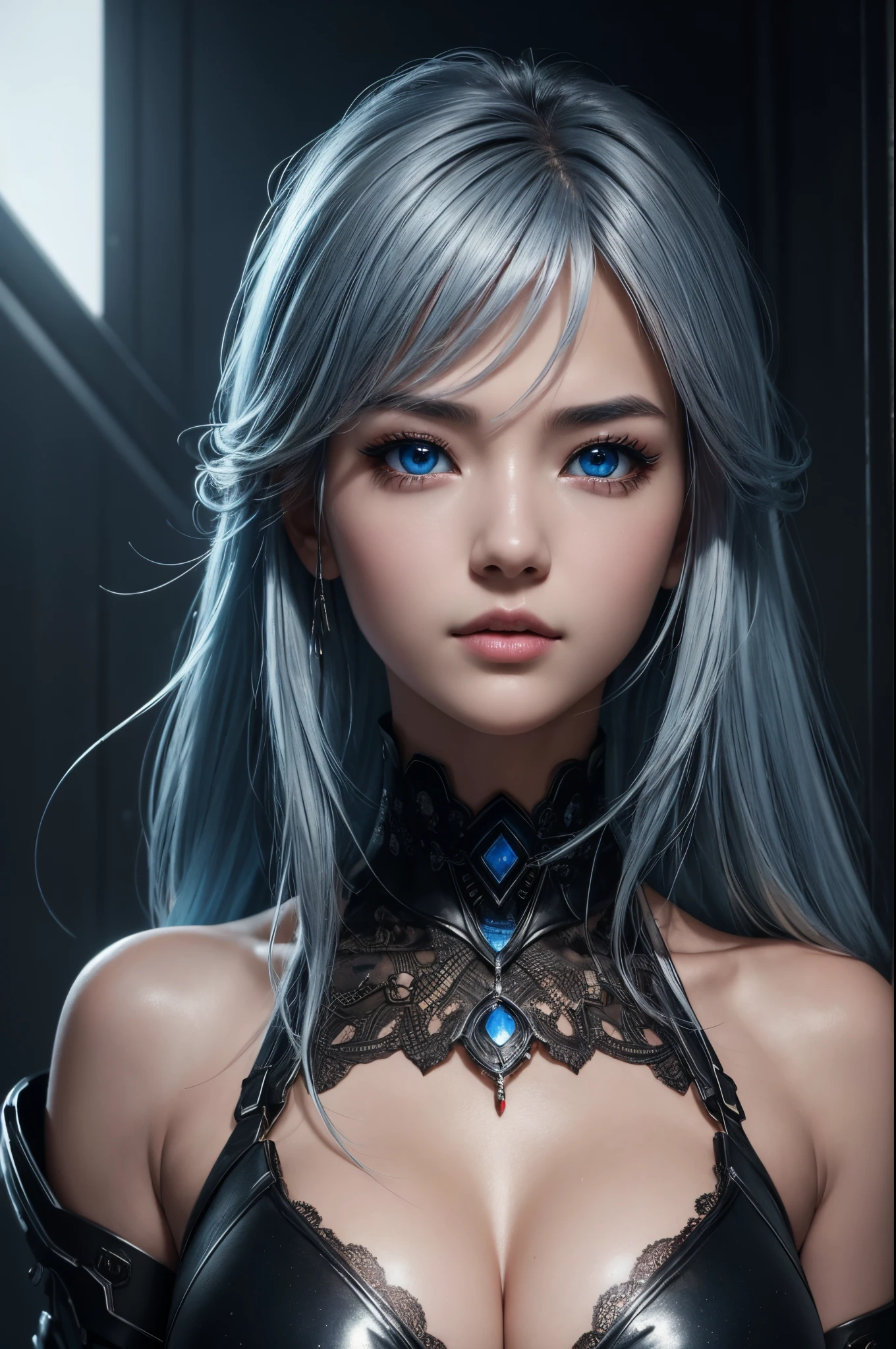 top-quality、8K Masterpiece、超A high resolution、(Photorealsitic:1.3)、1 live child、Blue-silver hair、glowy skin、1 Cyberpunk big breasted super beautiful soldier、((super realistic details))、portlate、globalillumination、Shadow、octan render、8K、ultrasharp、beauty breast、Raw skin exposed in the cleavage、metals、cold color、、highly intricate detail、Realistic light、CGSoation Trend beautiful eyes、Eyes shining towards the camera、neon detaileautiful expression,Red and black sexy revealing outfit,