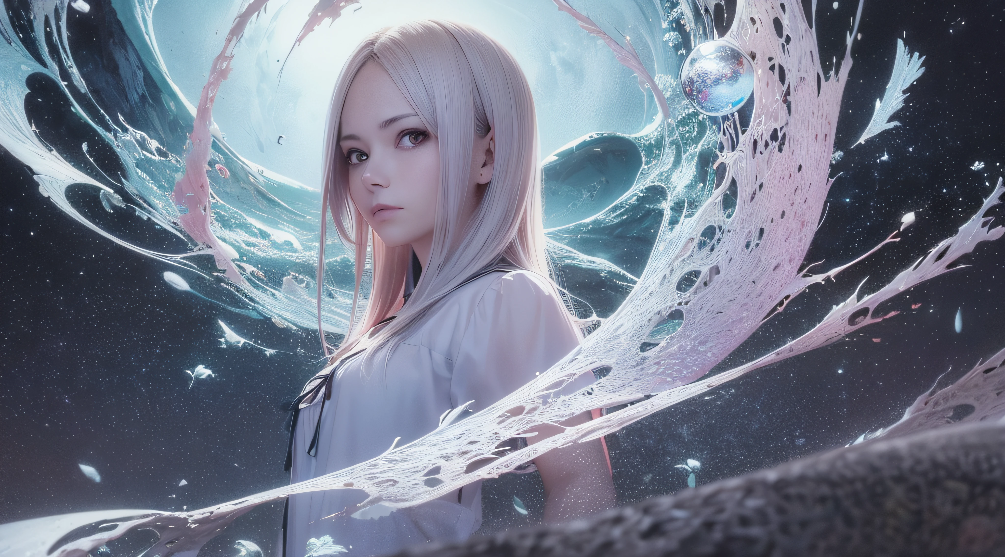 (Background), masterpiece, best quality,Illustration, Wallpaper, ultra detail, absurdres, 1girl, solo, (liquid hair:1.2), beautiful detailed eyes,
bangs, cowboy shot, long hair, magical girl, white hair, waves, water, water drop, looking to the side, wading,
(street:1.5), sun, cloudy sky,