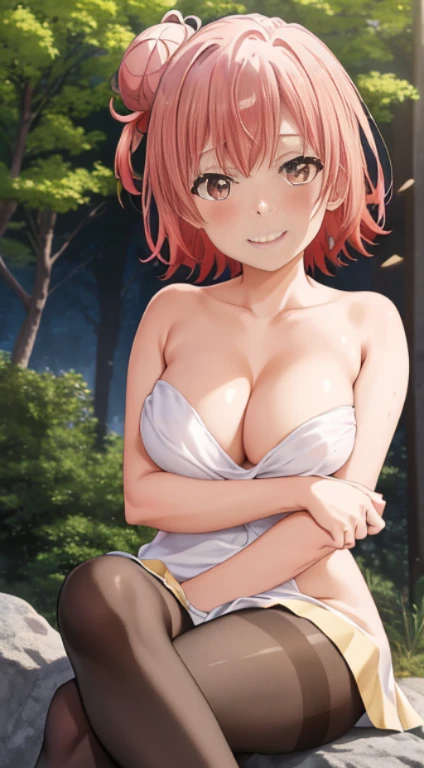 masutepiece, High quality, Best Quality, High resolution, 4K, High Definition, Beautiful lighting,1girl in, Short hair, Pink hair, Pink eyes, Yui, Hair bun, ((wide smile))、blushing、japanes、red blush, full pose, 2d, masterpiece, best quality, anime, full body, full pose, highly detailed, cowboy shot, 1girl, solo, blue eyes, ((medium breasts)), ((black pantyhose)), blushing, ((sitting on rock)),((school shoes)), ((crossed legs)), cowboy shot, looking at viewer, forest background, ((naked upper body:1.4))