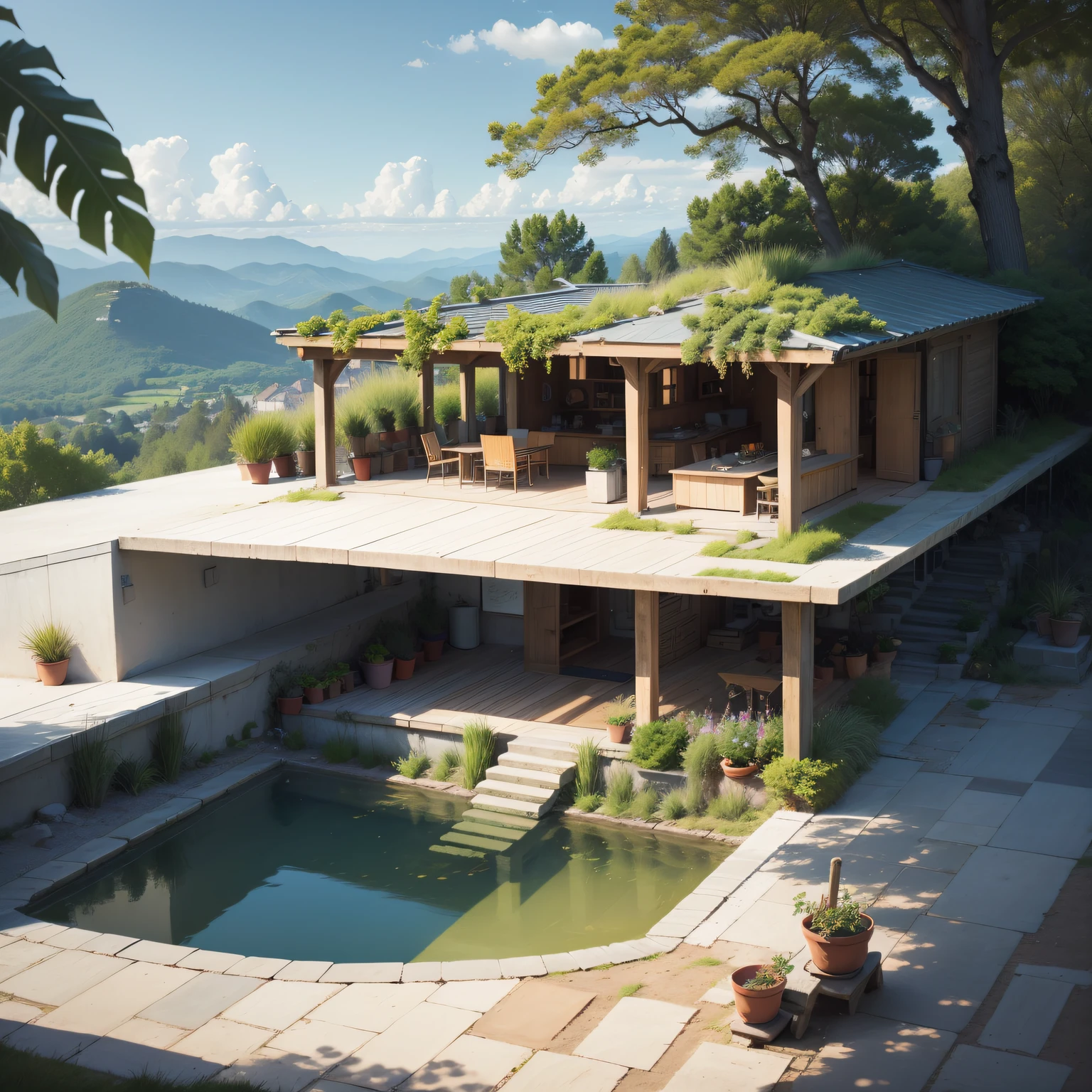 "Plantes sur le toit, auvent, verdure luxuriante, Quiet and peaceful atmosphere."