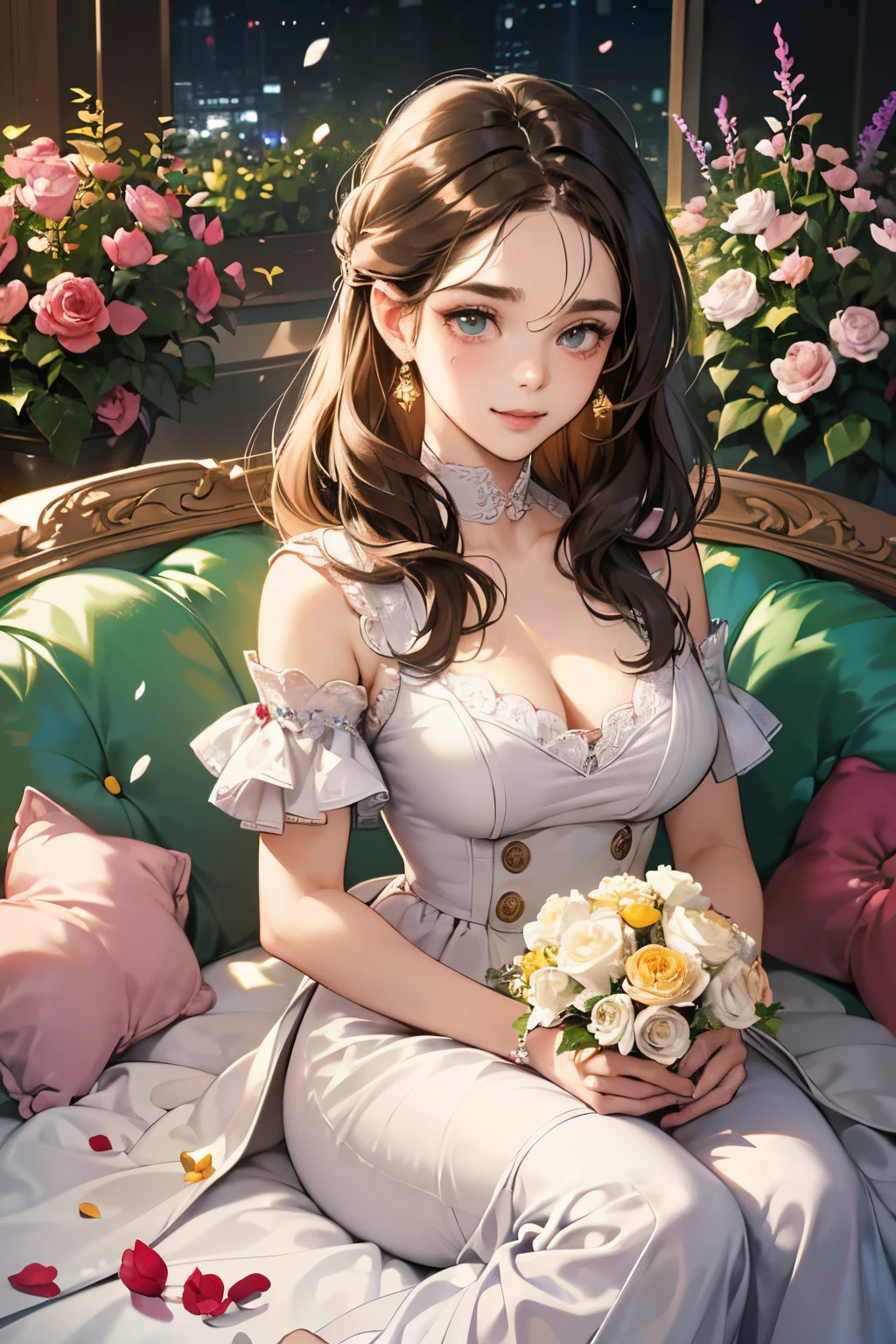 (masutepiece, Digital Art, Digital Illustration, 4K, 8K, Ultra-detailed, beautiful image, Sharp Image, Photorealistic, Raw photo, Perfect face, Perfect lines, Perfect eyes, Soft lighting) 1 woman, (lightbrown hair,Chignon Hair,Innocent look,drooping eyebrows,drooing eyes,with round face,Round jaws、Innocence,cute little,big eye,natural make up,kindly smile,E-cup,23 y-o woman:1.3),Two handsome men in suits, (ember,Men in suits,well-muscled,Firm shoulder width, Man's,Boyish hairstyle,Man in his 30s with a cool expression,28-year-old man with bright smile:1.2),A garden full of light、lots of flower、The fountain、colorful flower light,(embarrassed from,Shy smile,bouquet of yellow roses:1.2),Antique sofa,Resort Sofa,the kiss、kiss、a couple、couple kissing、Romance、Pure white dress、Wedding、Kiss of vows