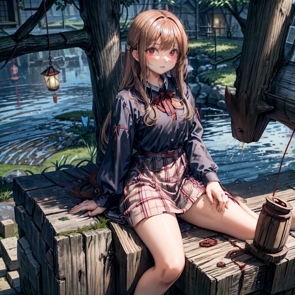 Red-blonde、poneyTail、red eyes、one good looking girl、独奏、animesque、lightly dressed、Plaid miniskirt、wetting hair、Sitting on a rock、Black T-shirt、rotting wood、fullmoon、monster castle、lantern、Flying sparks