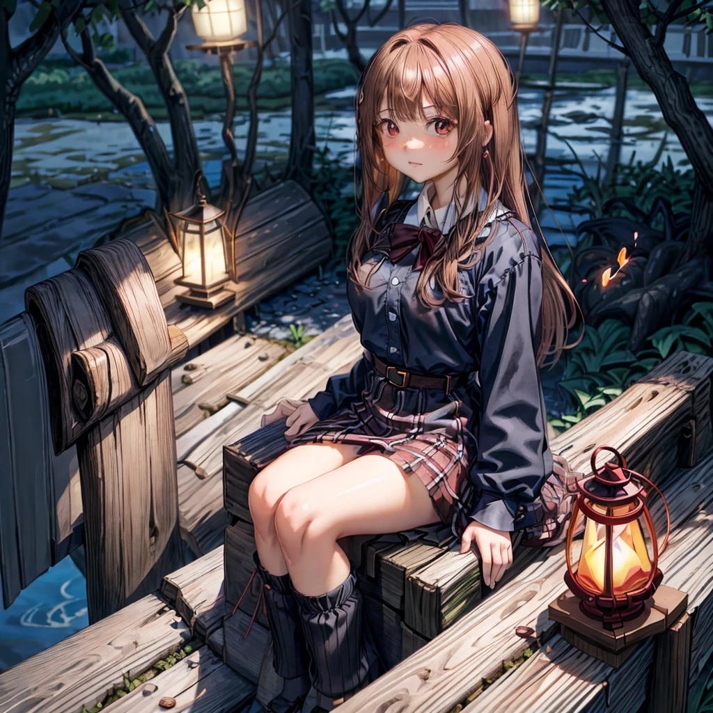 Red-blonde、poneyTail、red eyes、one good looking girl、独奏、animesque、lightly dressed、Plaid miniskirt、wetting hair、Sitting on a rock、Black T-shirt、rotting wood、fullmoon、monster castle、lantern、Flying sparks