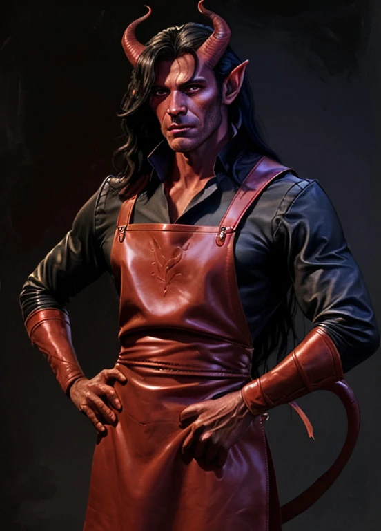 Tiefling, male, horns, male focus, solo, skinny, handsome, colored skin, red skin, black leather apron, long purple sleeves, tail, portrait, closed mouth, black hair, demon, black background, long hair, ((masterpiece, best quality)), art by greg rutkowski
