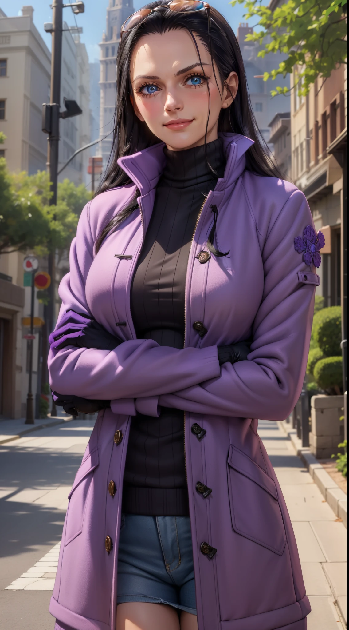 (Masterpiece), 1girl, high quality, best quality, extremely detailed eyes, extremely detailed body, blush, highly detailed, Nico robin, one piece, black hair, blue eyes,  looking at viewer, smile, large breasts, gloves, long sleeves, closed mouth, 1girl, purple jacket, upper body, open clothes, sweater, coat, crossed arms, eyewear on head, brown gloves, ribbed sweater, hair slicked back, purple sweater