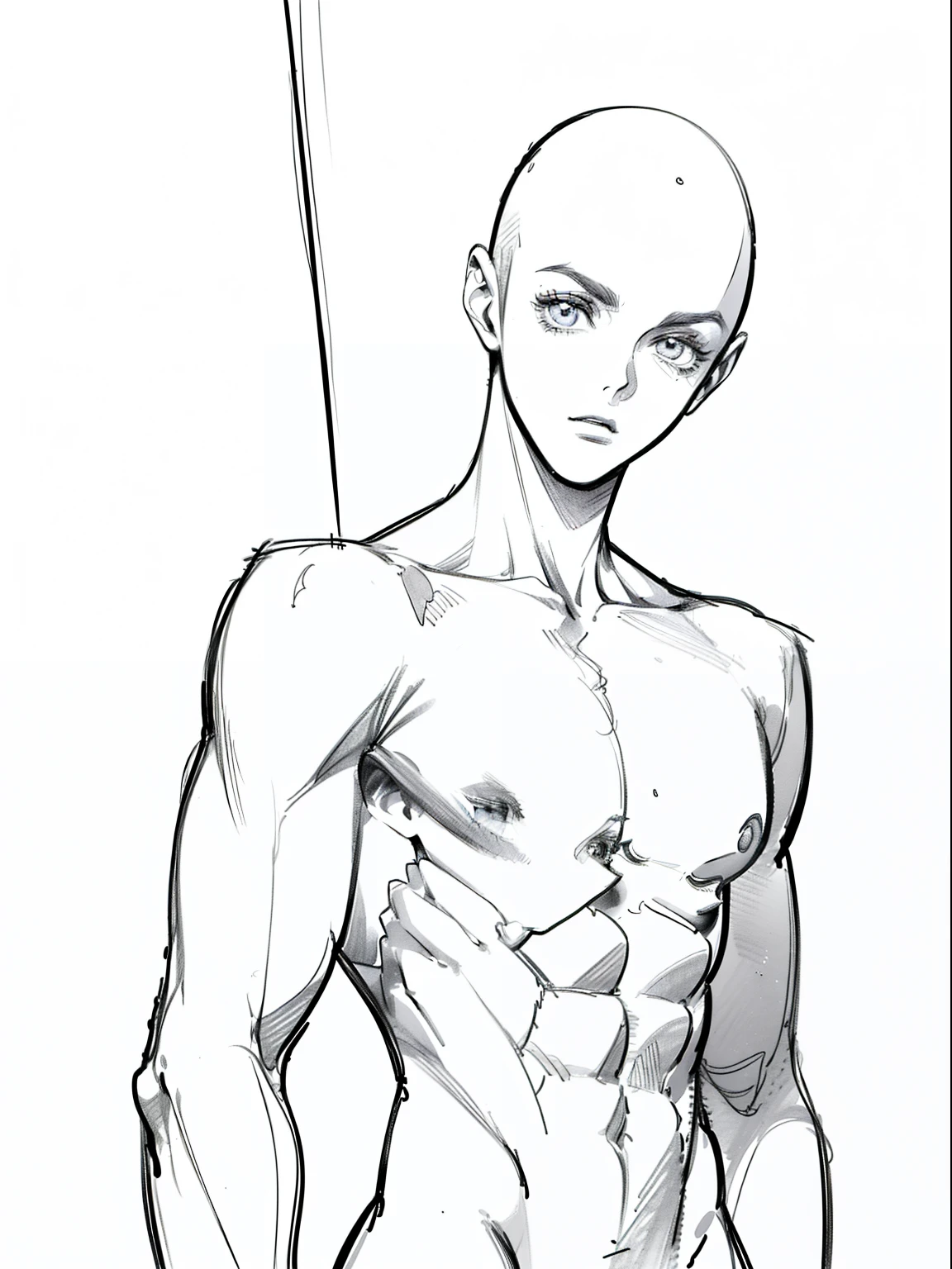 best quality, high resolution, (((clean background))), high contrast, line-drawing, monochromes, sketch, Pencil drawing, comic strip、manga comics, white background, clean line drawings, vibrant colors, undress, (((boy, solo, proportional body))), (((bald))), (naughty expression), (((nude, no breasts))), strong pose,