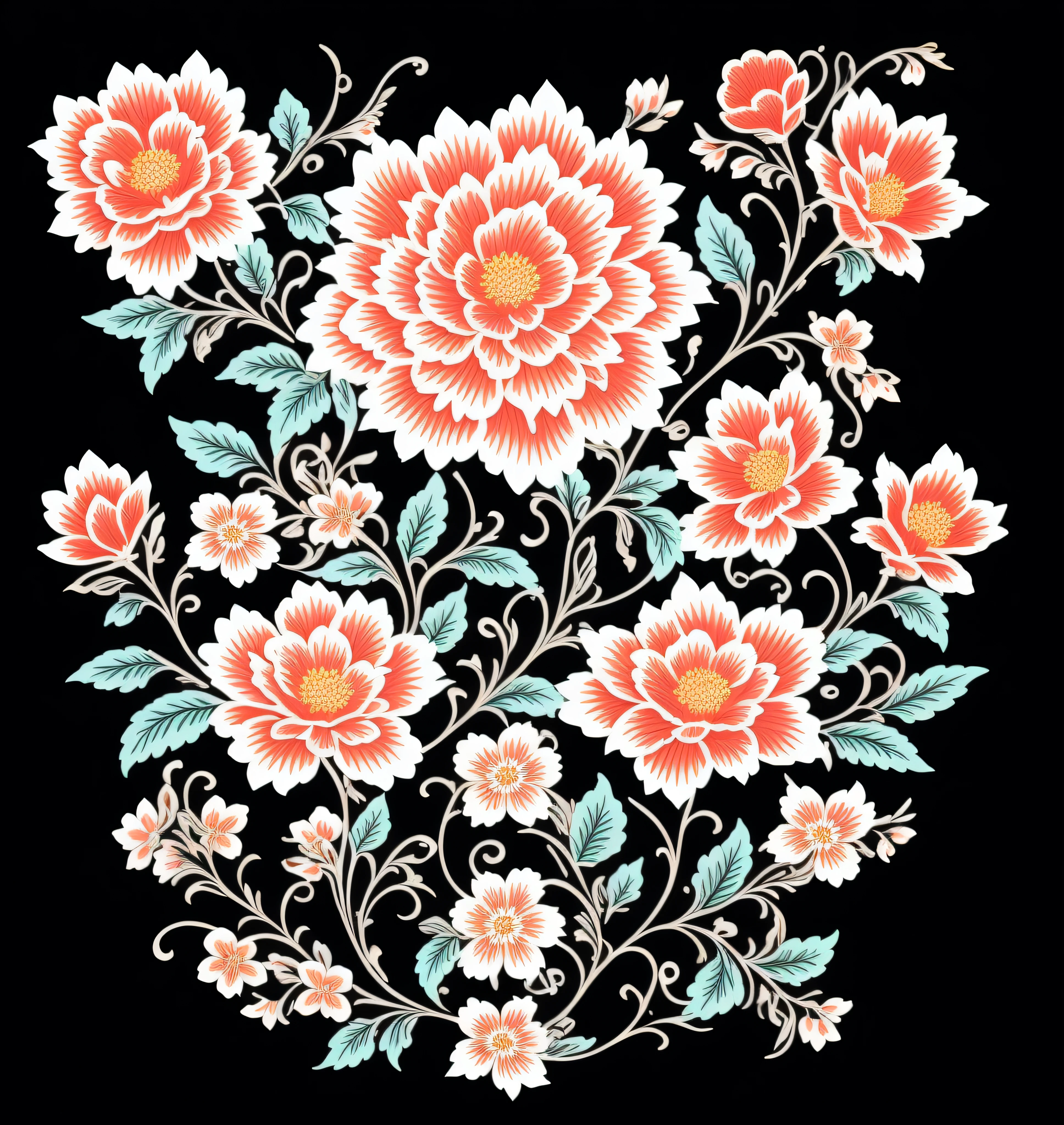 Close up of floral design on black background, ornate floral, Traditional folk art style, folkloric illustration, chinoiserie pattern, floral motives,, ornate flowers, floral embroidery, Just a joke, flowers flowers colorful, Gorgeous floral design, Decorated with bird pattern, complex and colorful, Delicate floral decoration, Stylized digital illustration