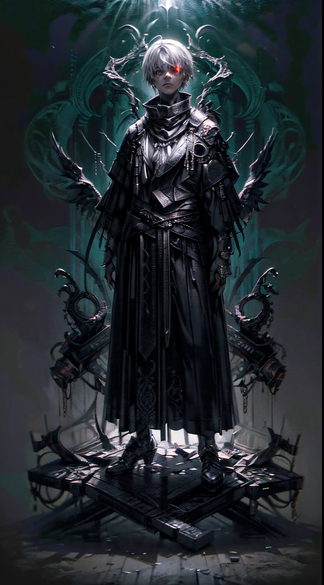 (best quality,highres,realistic:1.37),(full body shot), dark angel boy, portrait,black and white,soft lighting,smoky atmosphere, white hair,fierce gaze,menacing presence,ethereal,vivid red eyes,mysterious aura,ominous shadows,dark and mystical ambiance,enchanted background,tall figure,dramatic pose,hauntingly beautiful.