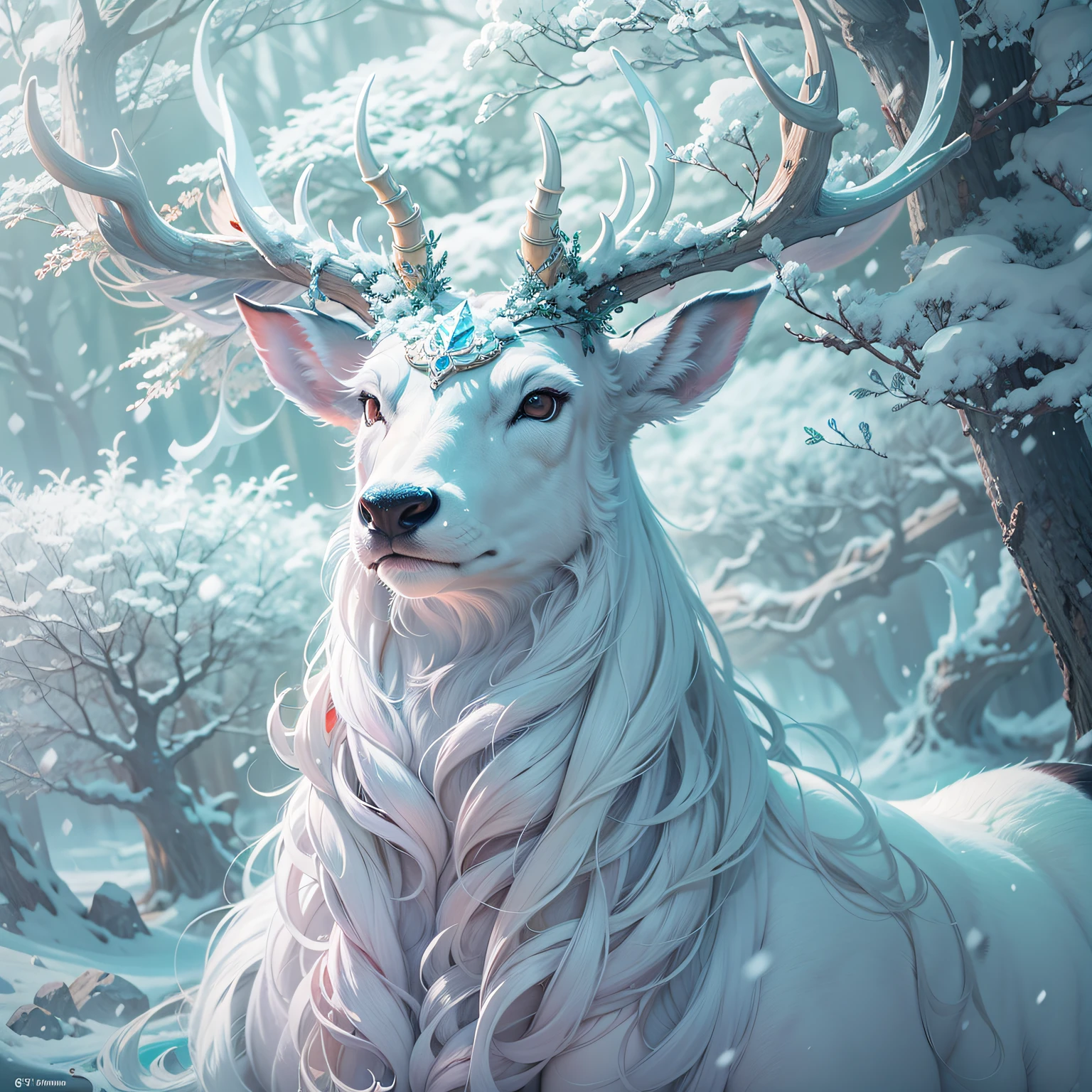 Ice and snow deer that come leisurely, The pure white body realizes the ice wonderland, Yan Jun changed the wind, Exhale white air in transparent air, Together with the ethereal trees, it forms a fantastic sight, High-quality CG paints a spectacular picture, Yue Xiaofei's character design is perfect and exquisite, The curves are great, And the whole scene is more like the outer world under the blessing of the depth of field effect，The theme of the forest，buliding