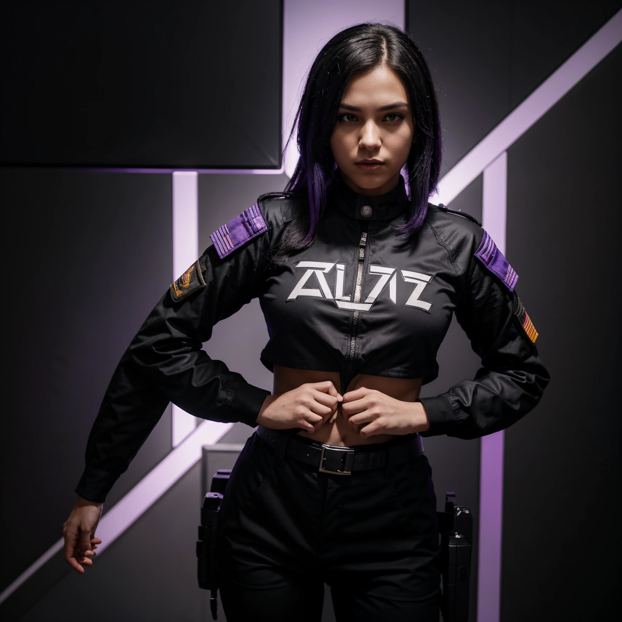 "A military gamer adorned in a Jett costume, standing out with a 'Evolıps' inscribed shirt in a backdrop of black and purple, embodying the abilities of the Valorant game character Jett."