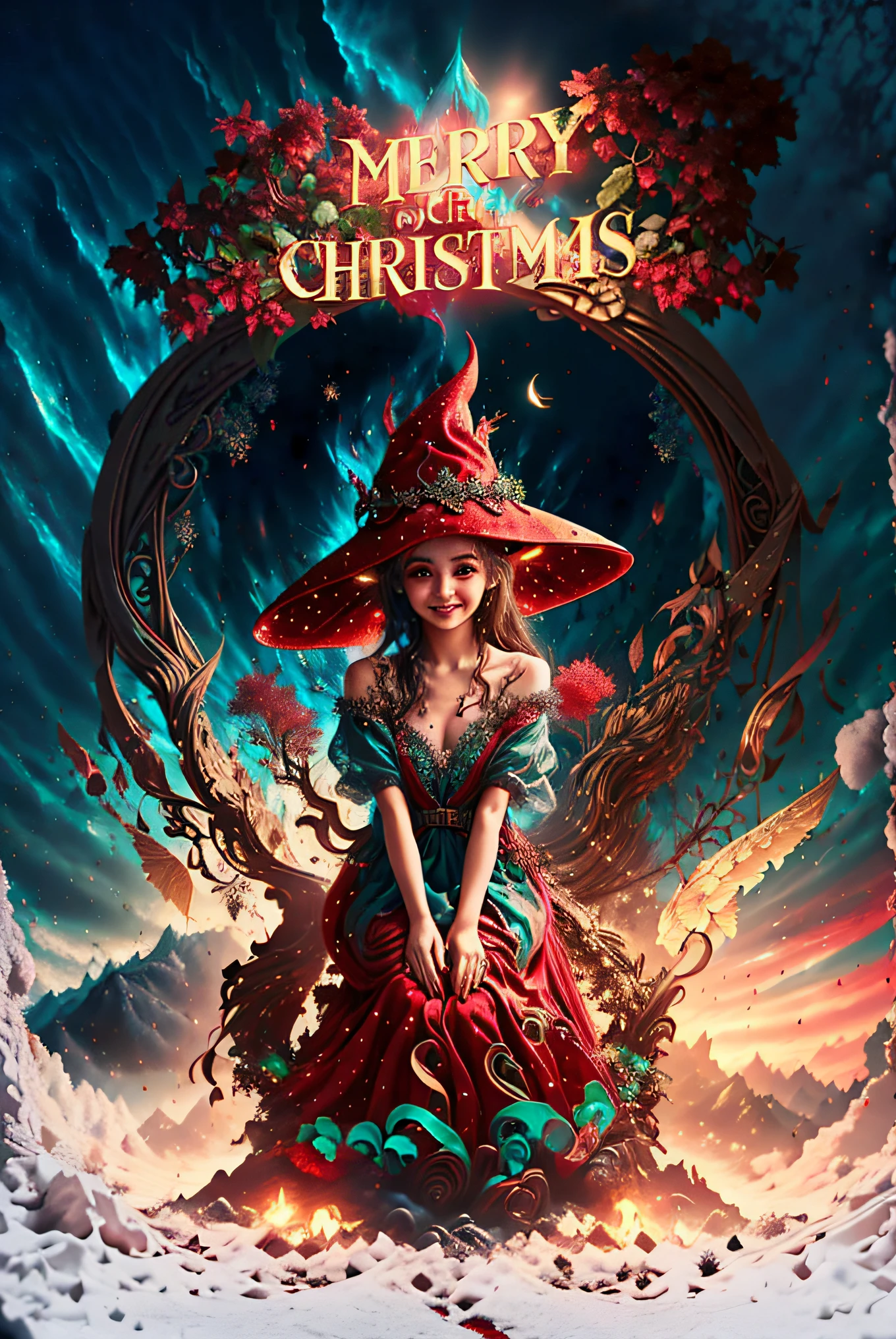 Merry Christmas card,There a girl sitting on the gift, little elf girl,Smiling girl, Elf Girl, Elf Girl, christmas, Pixie tomboy, lamplight!, girl, A little elf, Red dress and magic witch hat, Children's book illustration, lamplight, natta!, Christmas Eve, There are several elk flying in the sky behind:1.3,cover illustration, colorful illustrations, female elf, fairies