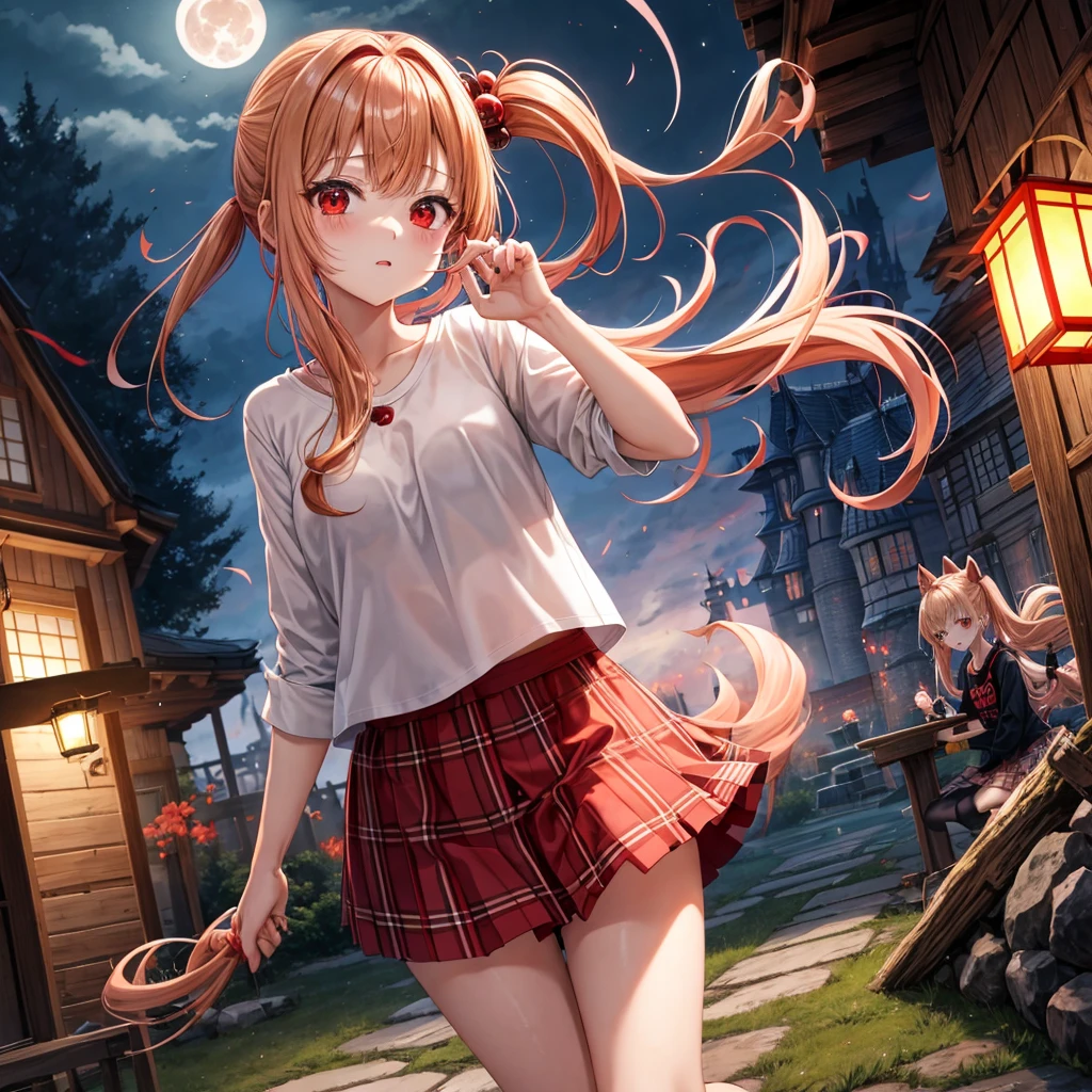 Red-blonde、poneyTail、red eyes、one good looking girl、独奏、animesque、lightly dressed、Plaid miniskirt、wetting hair、Black T-shirt、rotting wood、fullmoon、monster castle、lantern、Flying sparks