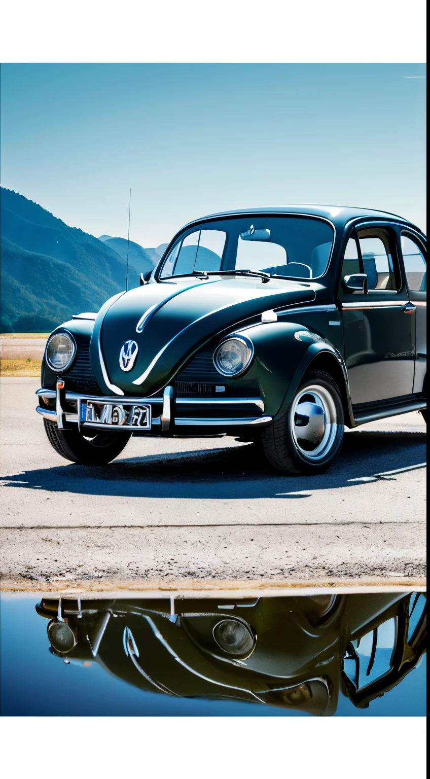 um Volkswagen Fusca Brazil carro preto brilhante refletivo com reflexo de luz na pintura , rodas cromadas, cartaz