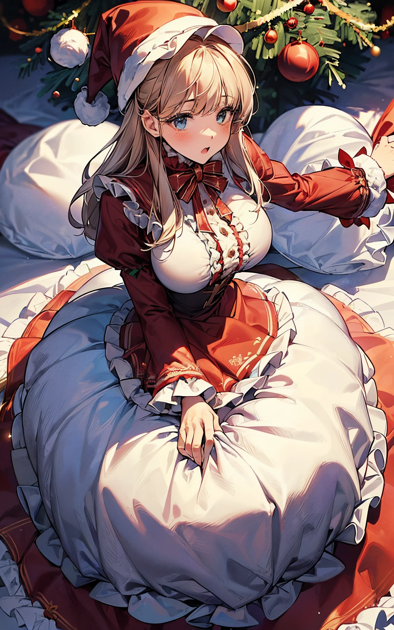 ((Composition seen from a low position))、Perfect human body、christmas night、(((He wore a Santa suit decorated with lots of frills.、victorian santa outfit)))、One lady、Profile close-up (((Looking up at the huge Christmas tree)))、 (long skirt)、hair adornments、tights、Falling snow、large hat