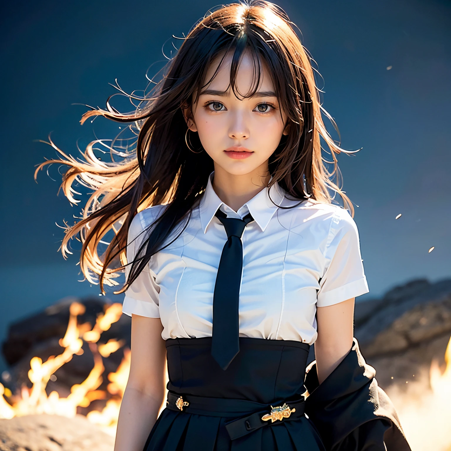 (masutepiece, Best Quality:1.2), 8K, Official art, Wearing a suit、Five Fingers、Full body photo, full body Esbian、Suit Beauty、Big Dipper in the background、star explosion、Beautiful barefoot woman with dark hair, hold a flame in your right hand、i'I'm holding a snowstorm in my left hand、Bright lava light rises above the broken Earth from beneath the asteroid belt(Jagged rock rocks and fragments shot into the air:1.3) (Storm of windy dust debris:1.1) Volume fogmist by trace Z、It can allow bright light from below to pass through、 (masterpiece) (top-quality) (detaileds) (8K) (电影灯光) (foco nítido) (Convoluted)A dark-haired、14years、small tits、A delightful、A smile、unbelievable Ridiculous, (Beautiful girl with upper body, Pretty Face, arching back down, Gold hair ornament on hair、Wearing a cute suit、close up, Wearing a suit, Short sleeve, gardenia, violaceaess, Teen, space system, Looking at Viewer, Film grain, chromatic abberation, Sharp Focus, face lights, Dynamic lighting, Cinematic lighting, Eyes and faces with detailed, Bokeh background, (Tie with Emma written on it、1 copy:1.2)