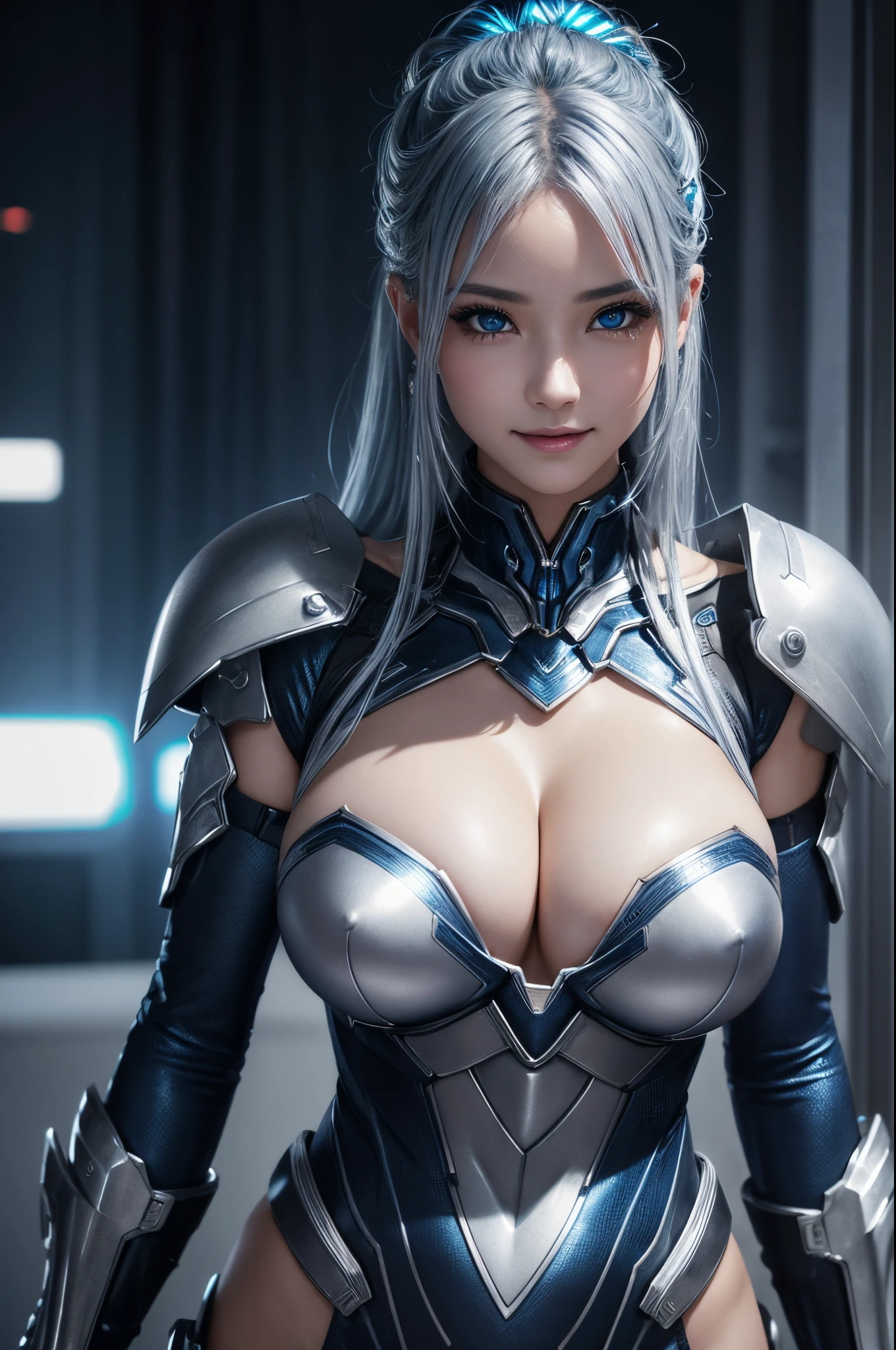 sexy  pose,top-quality、8K Masterpiece、超A high resolution、(Photorealsitic:1.3)、1 live child、Blue-silver hair、glowy skin、1 Cyberpunk big breasted super beautiful soldier、((super realistic details))、portlate、globalillumination、Shadow、octan render、8K、ultrasharp、beauty breast、Raw skin exposed in the cleavage、metals、cold color、、highly intricate detail、Realistic light、CGSoation Trend beautiful eyes、Eyes shining towards the camera、neon detaileautiful expression,blue and silver sexy costume,a smile,